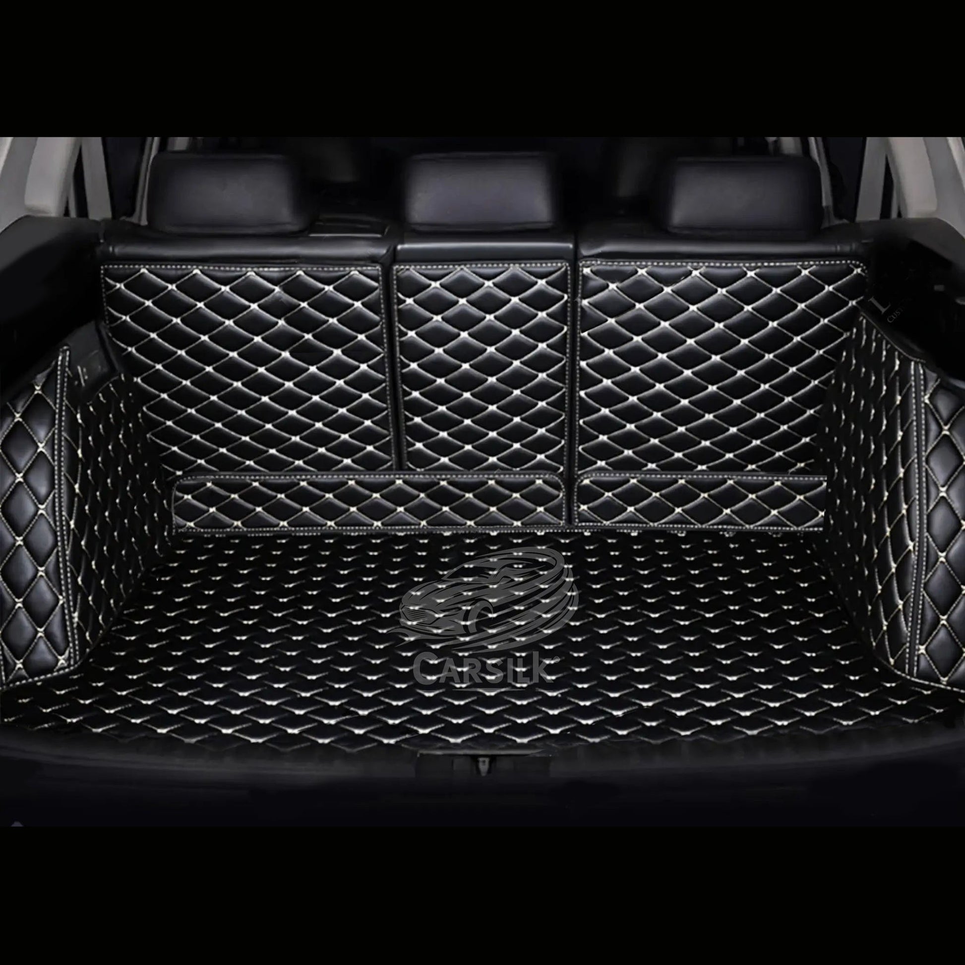 BLACK WHITE STITCHING 3D DIAMOND LUXURY TRUNK CAR MATS SET - Carsilks 