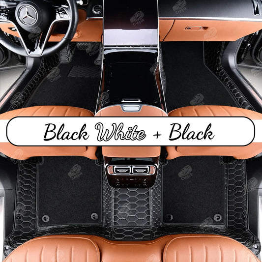 BLACK & WHITE STITCHING HONEYCOMB BASE WITH BLACK TOP CARPET DOUBLE LAYER CAR MAT SET - Carsilks 