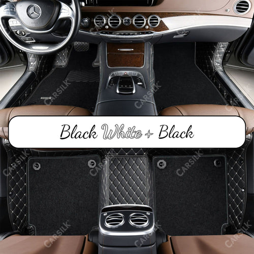 BLACK & WHITE STITCHING DIAMOND BASE WITH BLACK TOP CARPET DOUBLE LAYER CAR MAT SET - Carsilks 