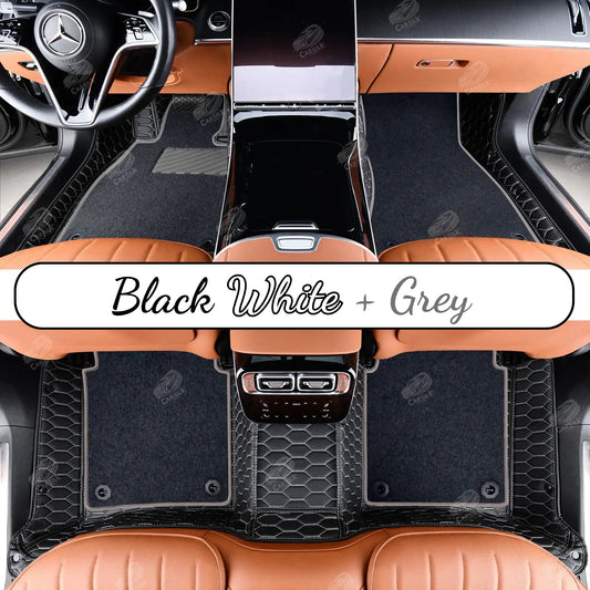 BLACK & WHITE STITCHING HONEYCOMB BASE WITH BLACK TOP CARPET DOUBLE LAYER CAR MAT SET - Carsilks 