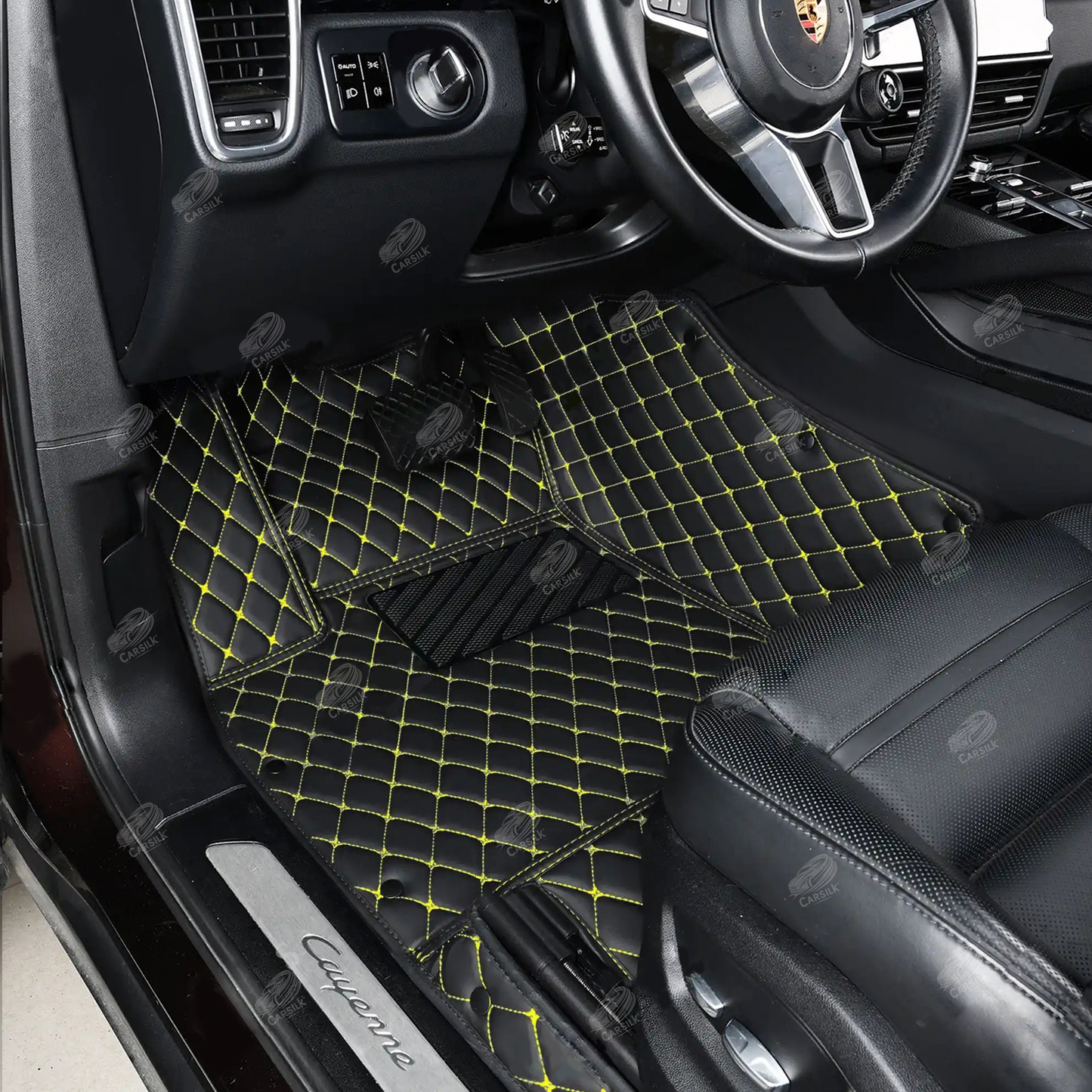 BLACK & YELLOW STITCHING DIAMOND LUXURY CAR MATS SET