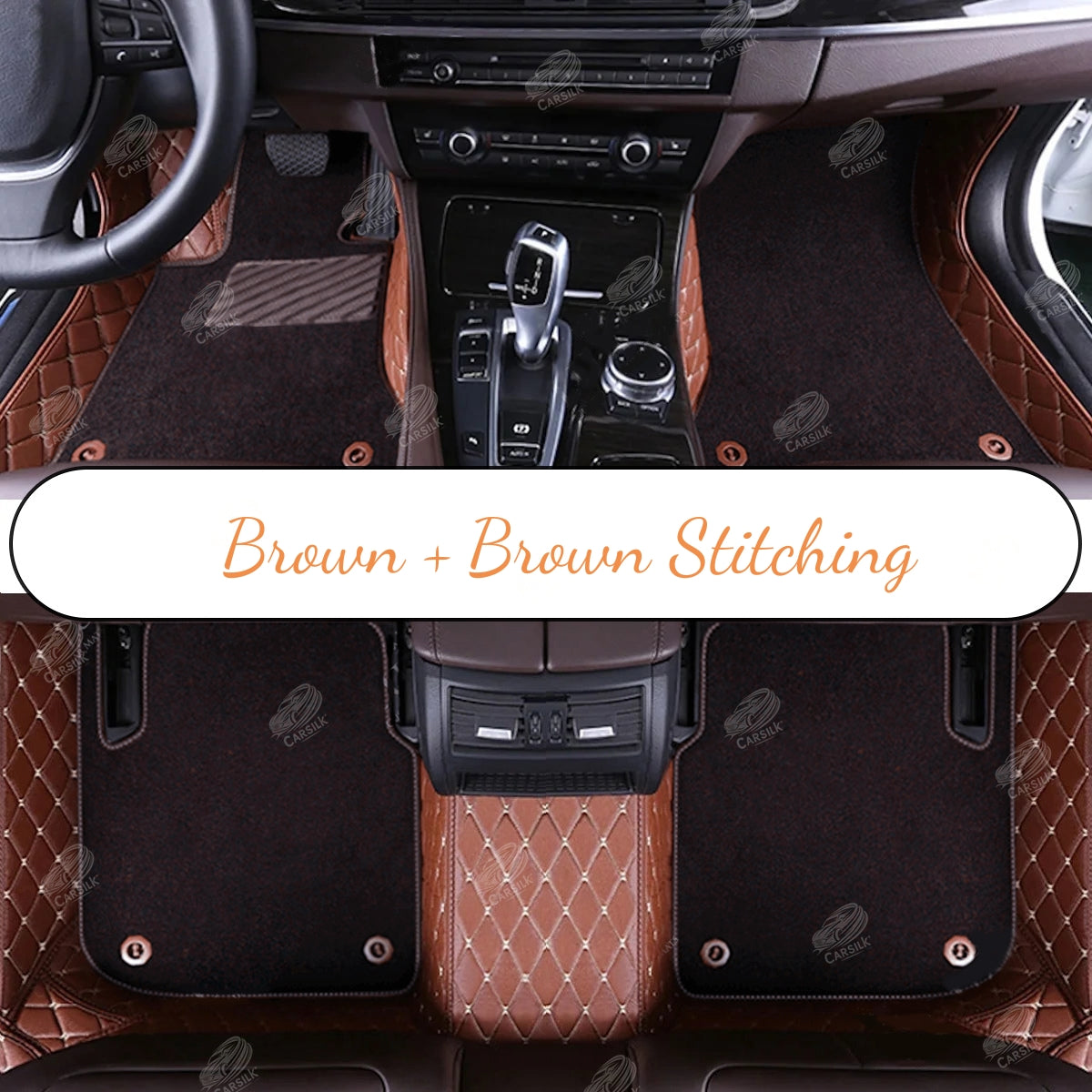 CARAMEL BROWN DIAMOND BASE WITH BLACK TOP CARPET DOUBLE LAYER CAR MAT SET