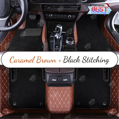 CARAMEL BROWN DIAMOND BASE WITH BLACK TOP CARPET DOUBLE LAYER CAR MAT SET - Carsilks 