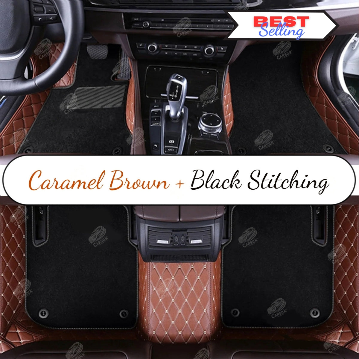 CARAMEL BROWN DIAMOND BASE WITH BLACK TOP CARPET DOUBLE LAYER CAR MAT SET