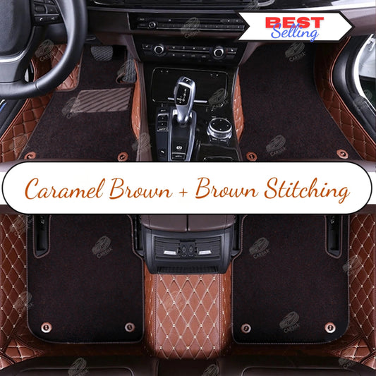 CARAMEL BROWN DIAMOND BASE WITH BROWN TOP CARPET DOUBLE LAYER CAR MAT SET - Carsilks 