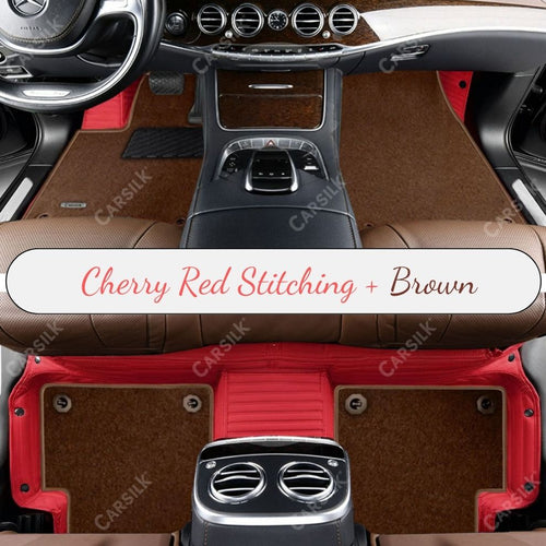 CHERRY RED STRIPE BASE WITH BROWN TOP CARPET DOUBLE LAYER CAR MAT SET - Carsilks 
