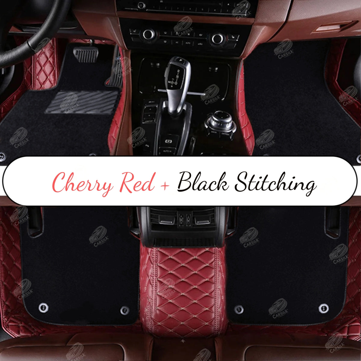 CHERRY RED DIAMOND BASE WITH BLACK TOP CARPET DOUBLE LAYER CAR MAT SET