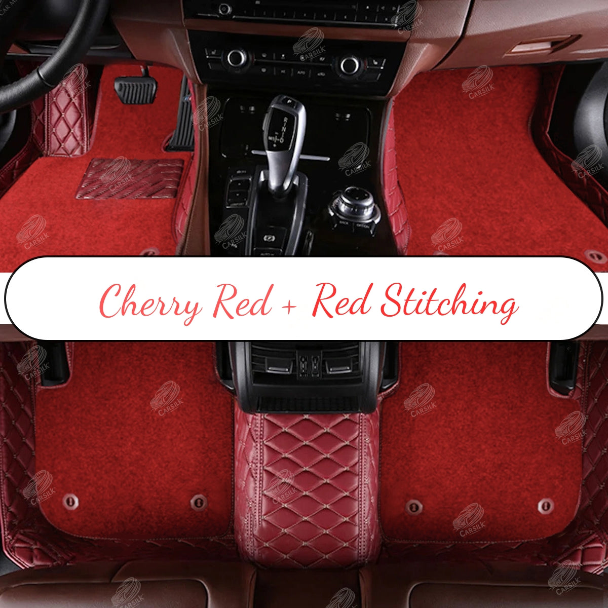 CHERRY RED DIAMOND BASE WITH GRAY TOP CARPET DOUBLE LAYER CAR MAT SET