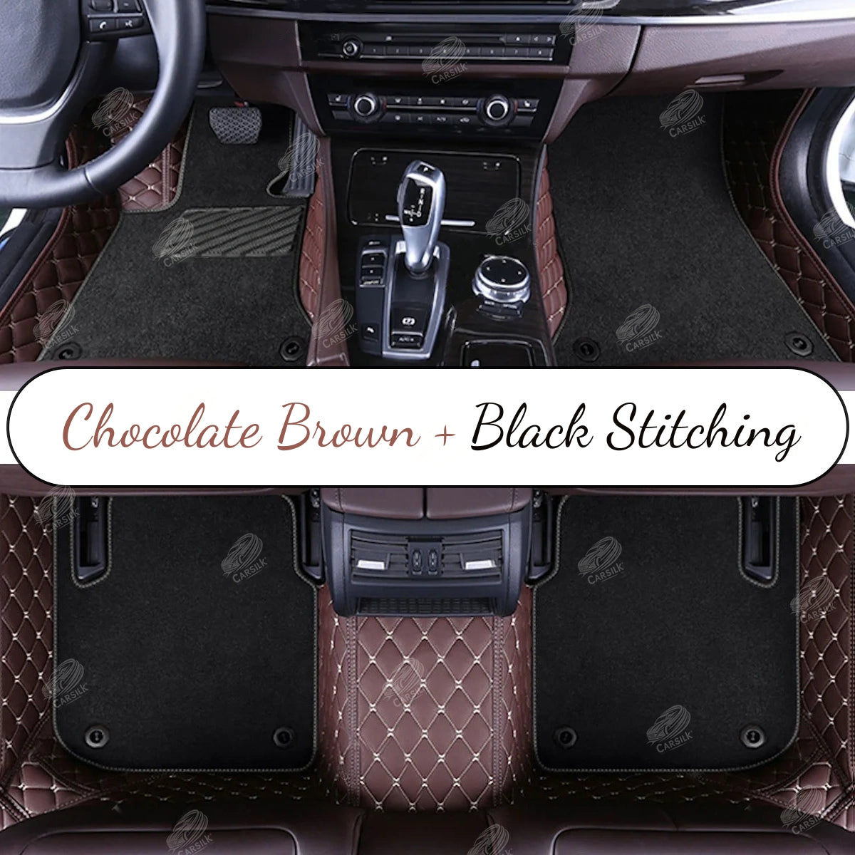 CHOCOLATE BROWN DIAMOND BASE WITH GRAY TOP CARPET DOUBLE LAYER CAR MAT SET