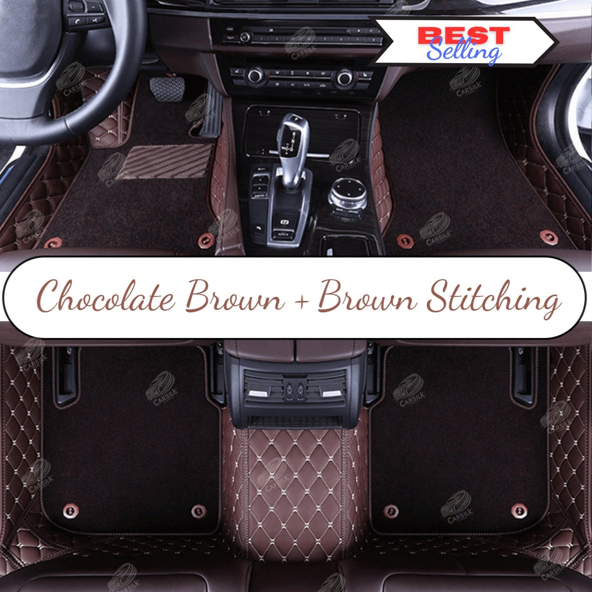 CHOCOLATE BROWN DIAMOND BASE WITH BROWN TOP CARPET DOUBLE LAYER CAR MAT SET