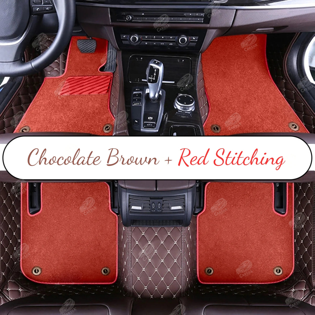 CHOCOLATE BROWN DIAMOND BASE WITH BLACK TOP CARPET DOUBLE LAYER CAR MAT SET