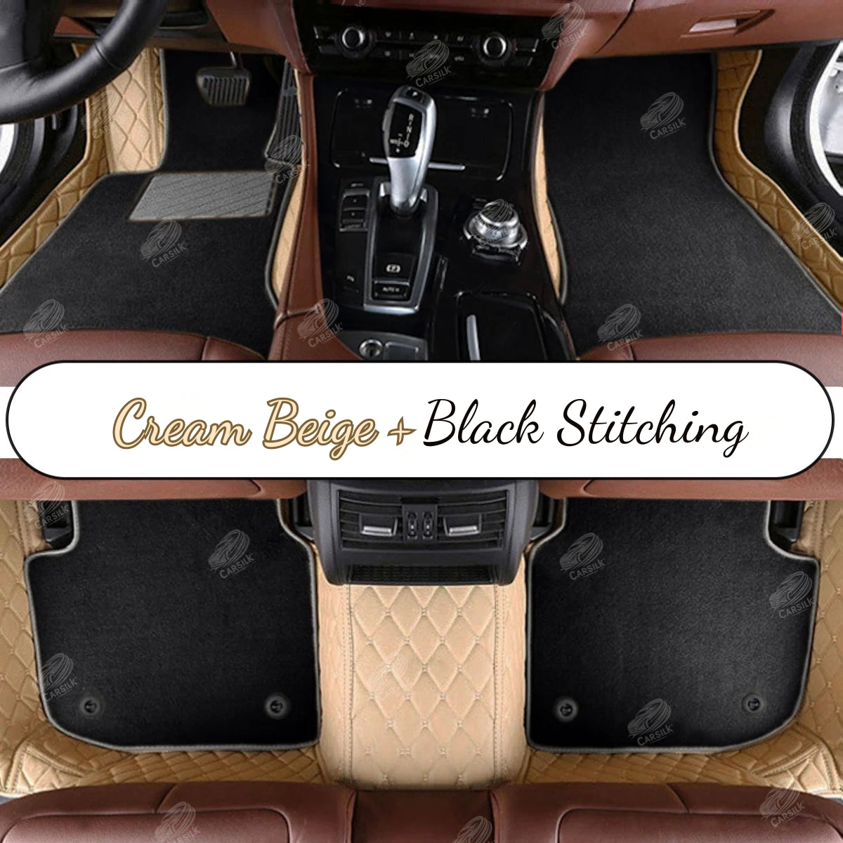 CREAM BEIGE DIAMOND BASE WITH BLACK TOP CARPET DOUBLE LAYER CAR MAT SET