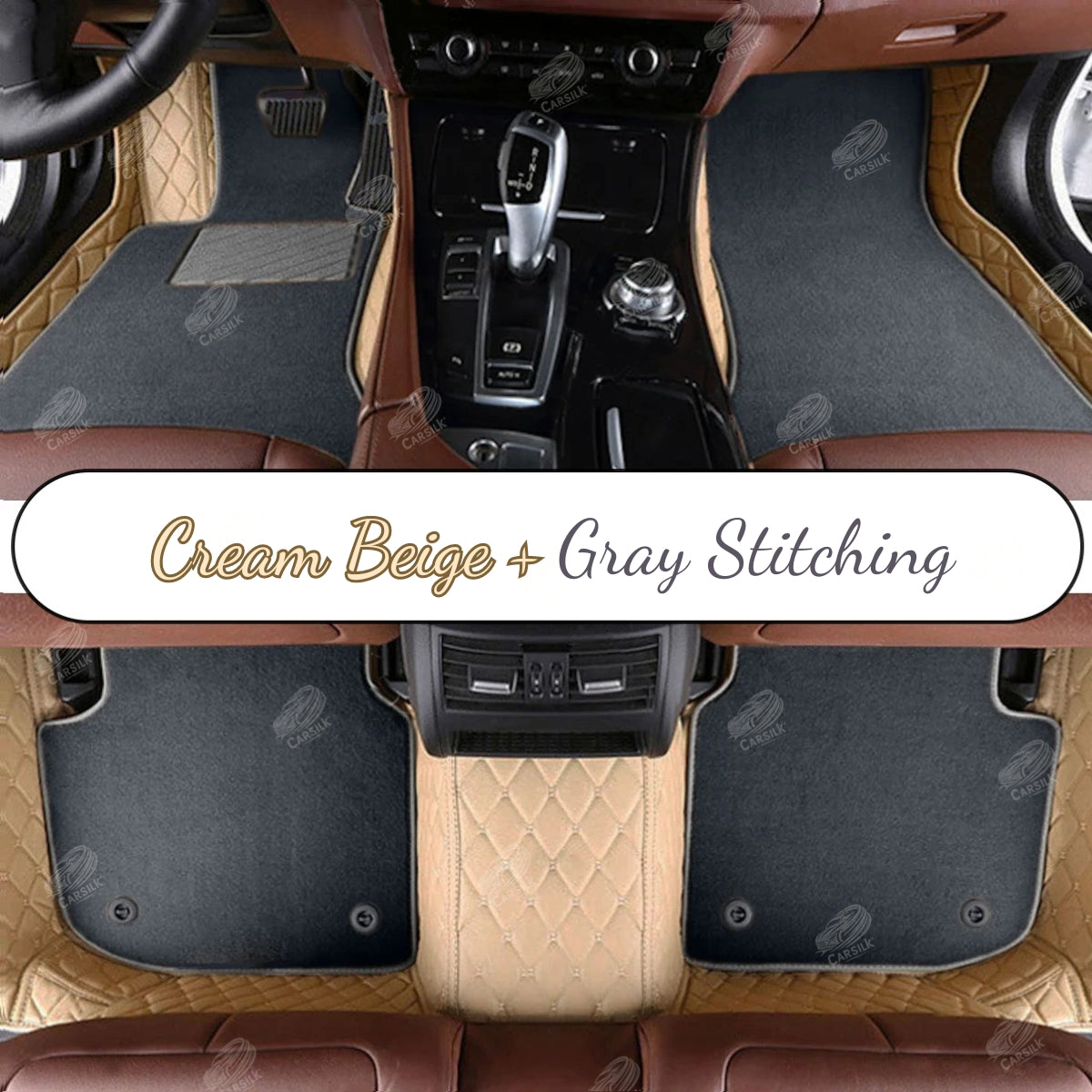 CREAM BEIGE DIAMOND BASE WITH BLACK TOP CARPET DOUBLE LAYER CAR MAT SET