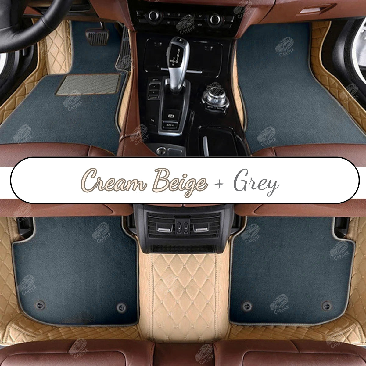 CREAM BEIGE DIAMOND BASE WITH GRAY TOP CARPET DOUBLE LAYER CAR MAT SET