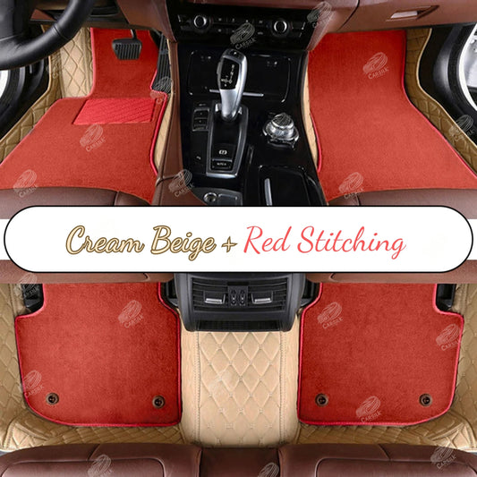 CREAM BEIGE DIAMOND BASE WITH RED TOP CARPET DOUBLE LAYER CAR MAT SET