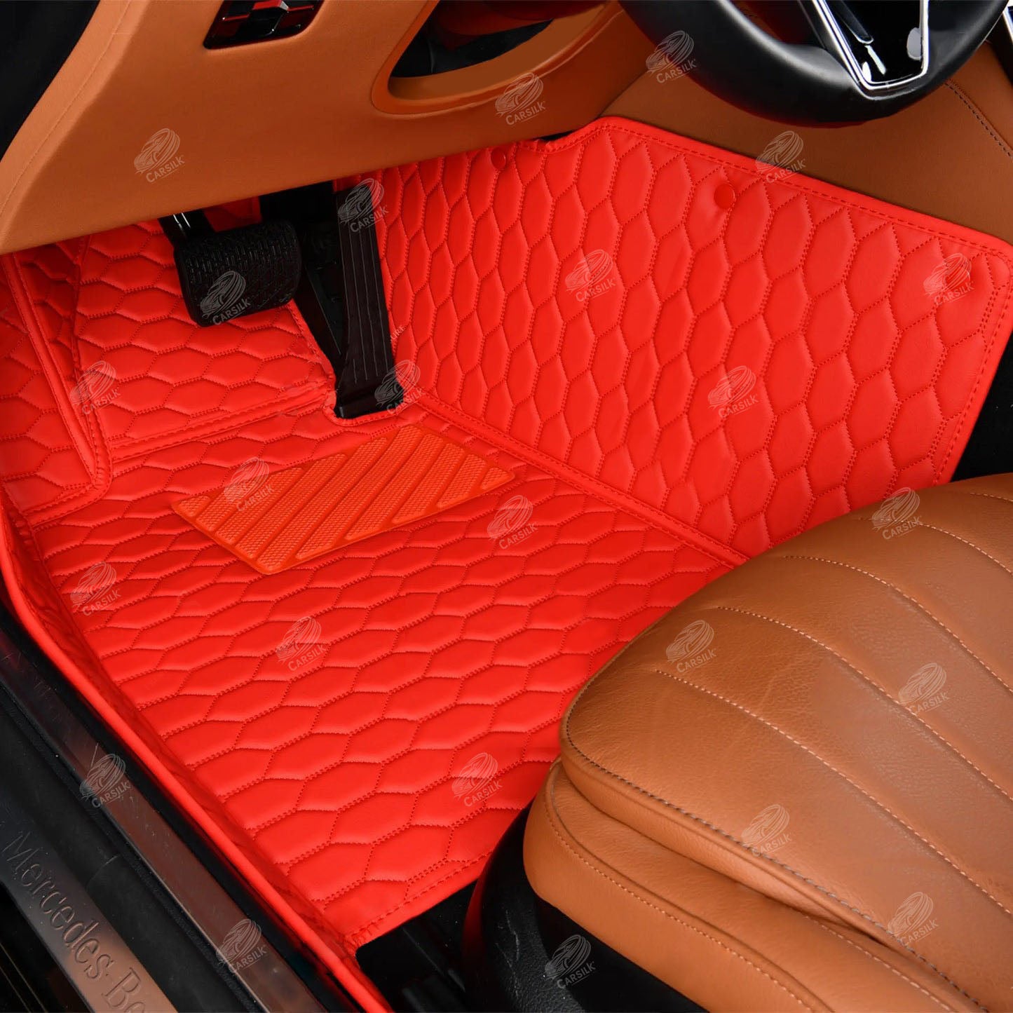 FERRARI RED STITCHING HONEY COMB LUXURY CAR MATS SET - Carsilks 