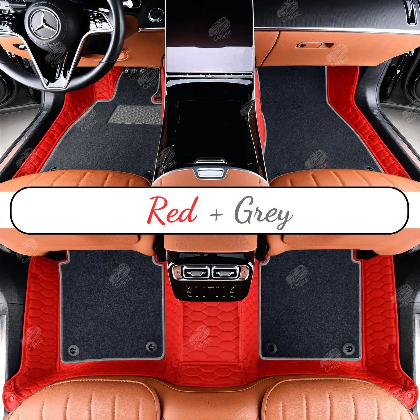 FERRARI RED HONEYCOMB BASE WITH GRAY TOP CARPET DOUBLE LAYER CAR MAT SET - Carsilks 