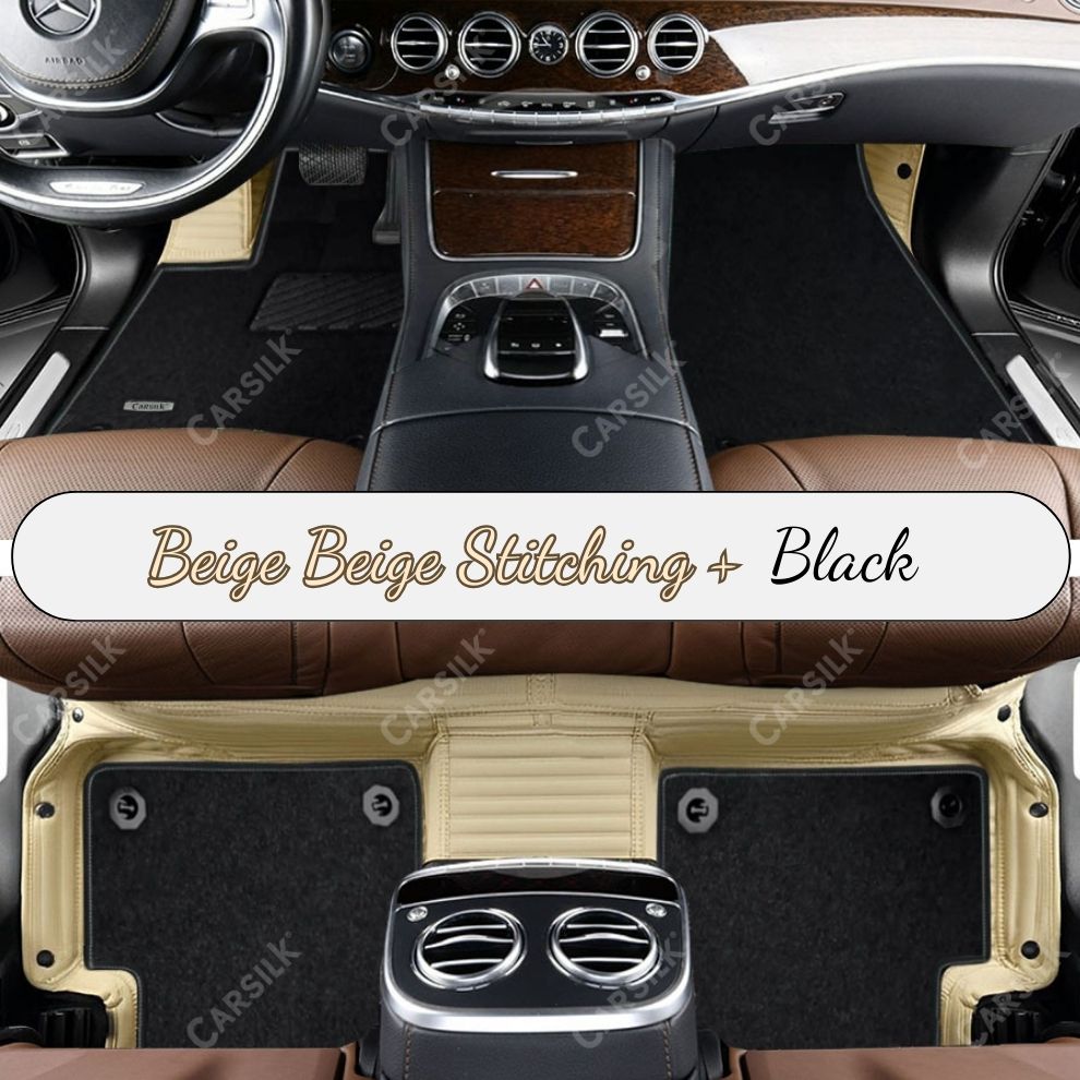 BEIGE STRIPE BASE WITH BLACK TOP CARPET DOUBLE LAYER CAR MAT SET
