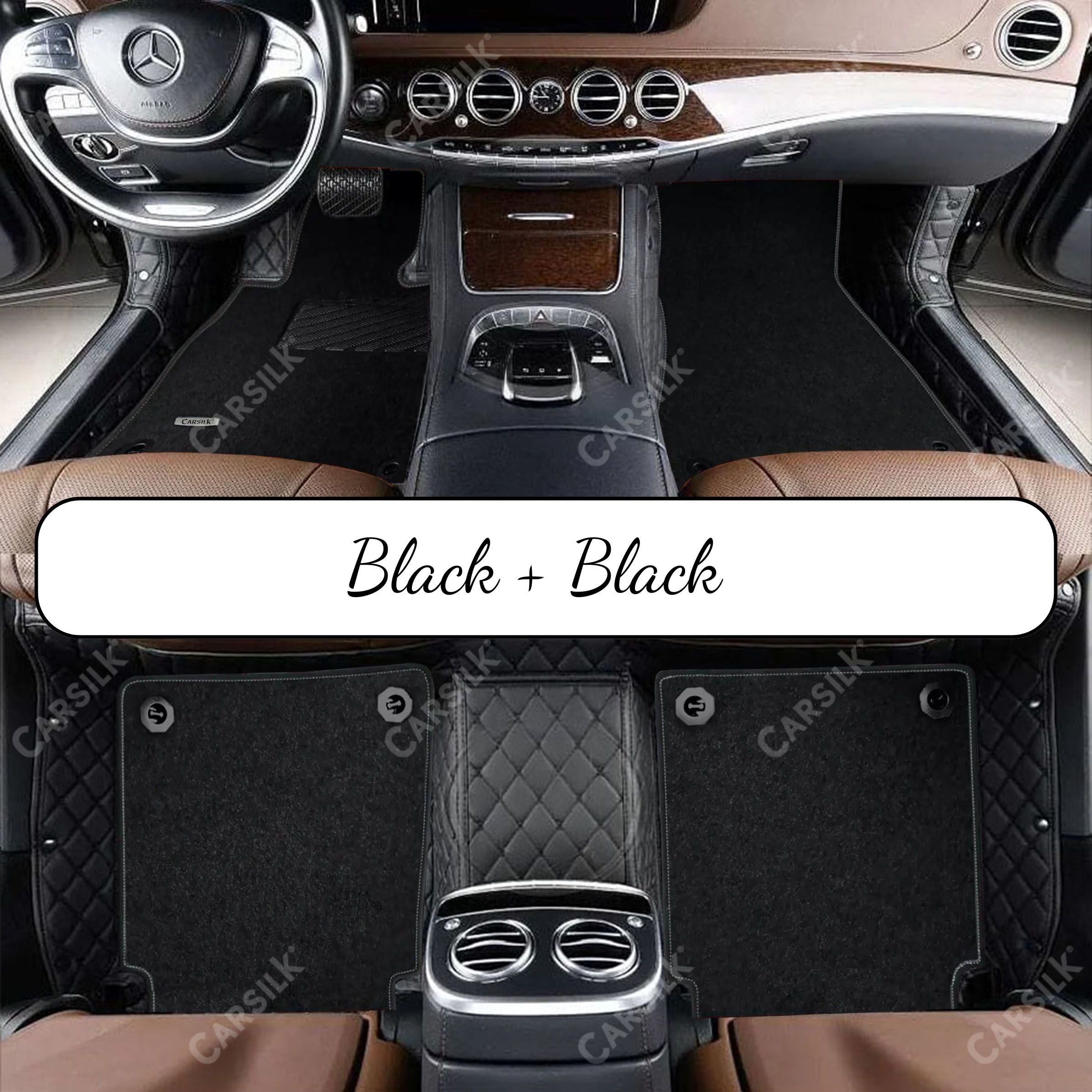 BLACK & BLACK STITCHING DIAMOND BASE WITH BLACK TOP CARPET DOUBLE LAYER CAR MAT SET