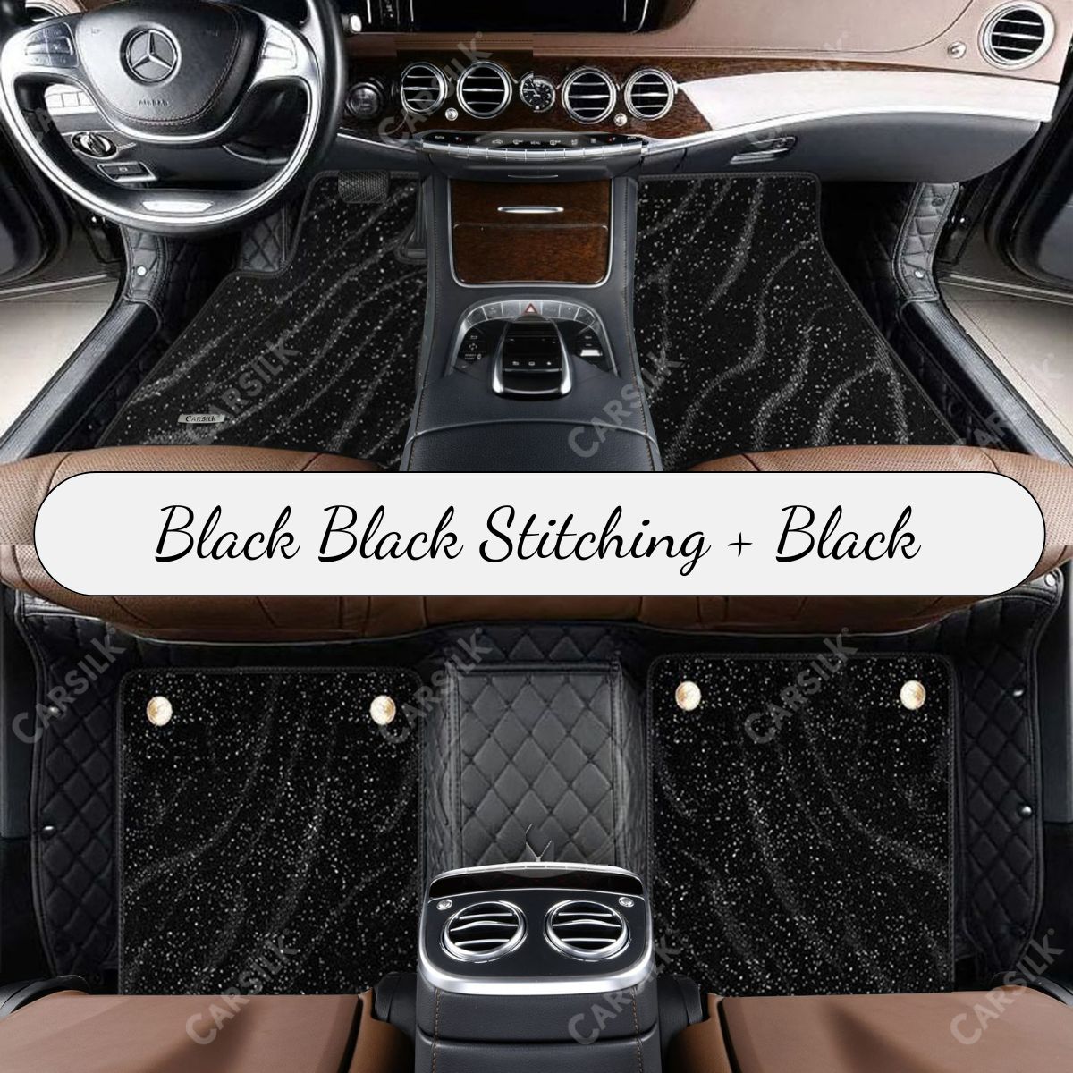 BLACK & BLACK STITCHING DIAMOND BASE WITH BLACK TOP CARPET DOUBLE LAYER GALAXY CAR MAT SET
