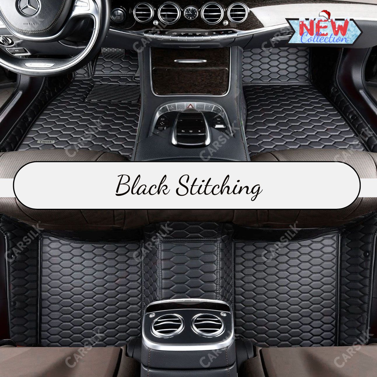 BLACK & BLACK STITCHING HONEY COMB LUXURY CAR MATS SET