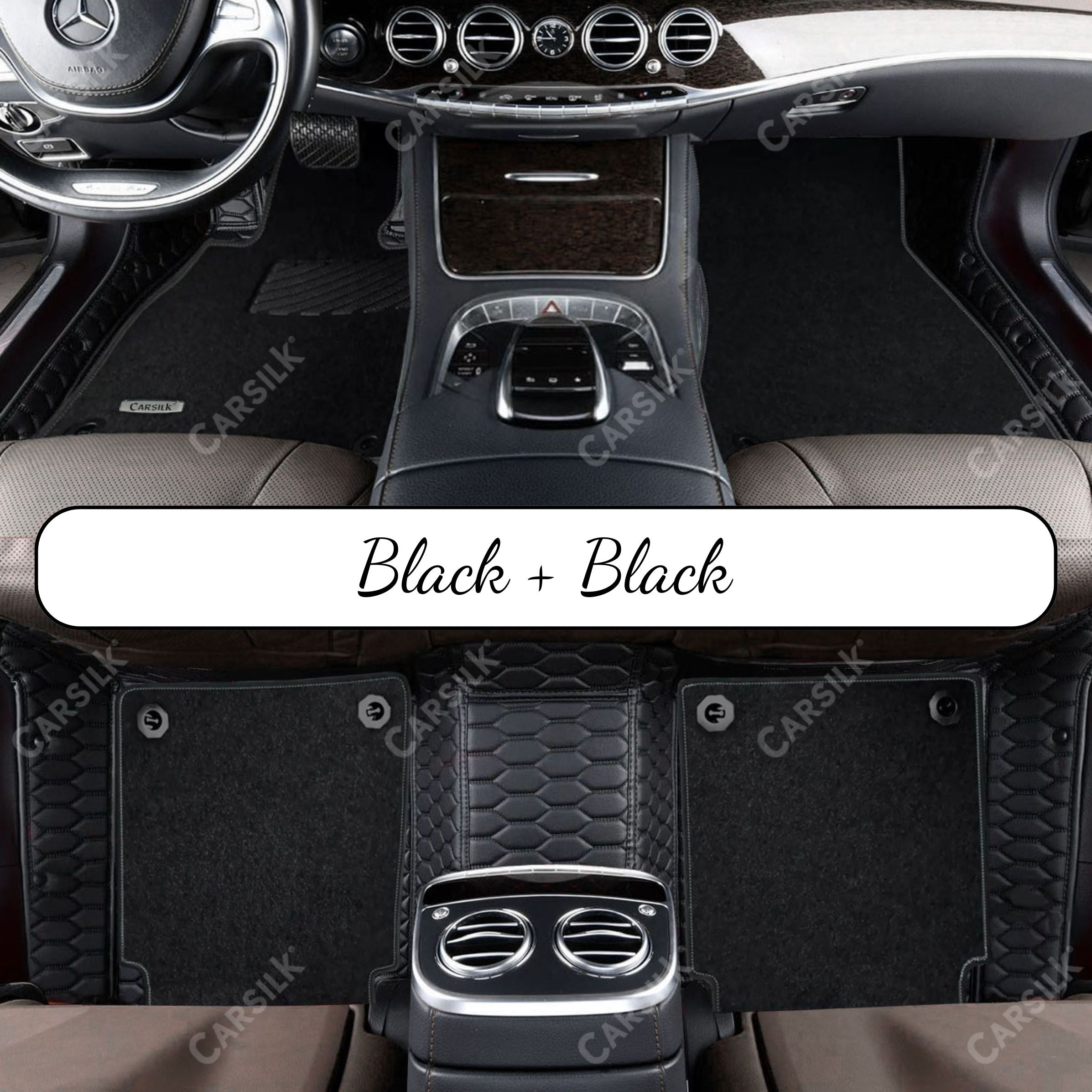 BLACK & BLACK STITCHING HONEYCOMB BASE WITH BLACK TOP CARPET DOUBLE LAYER CAR MAT SET
