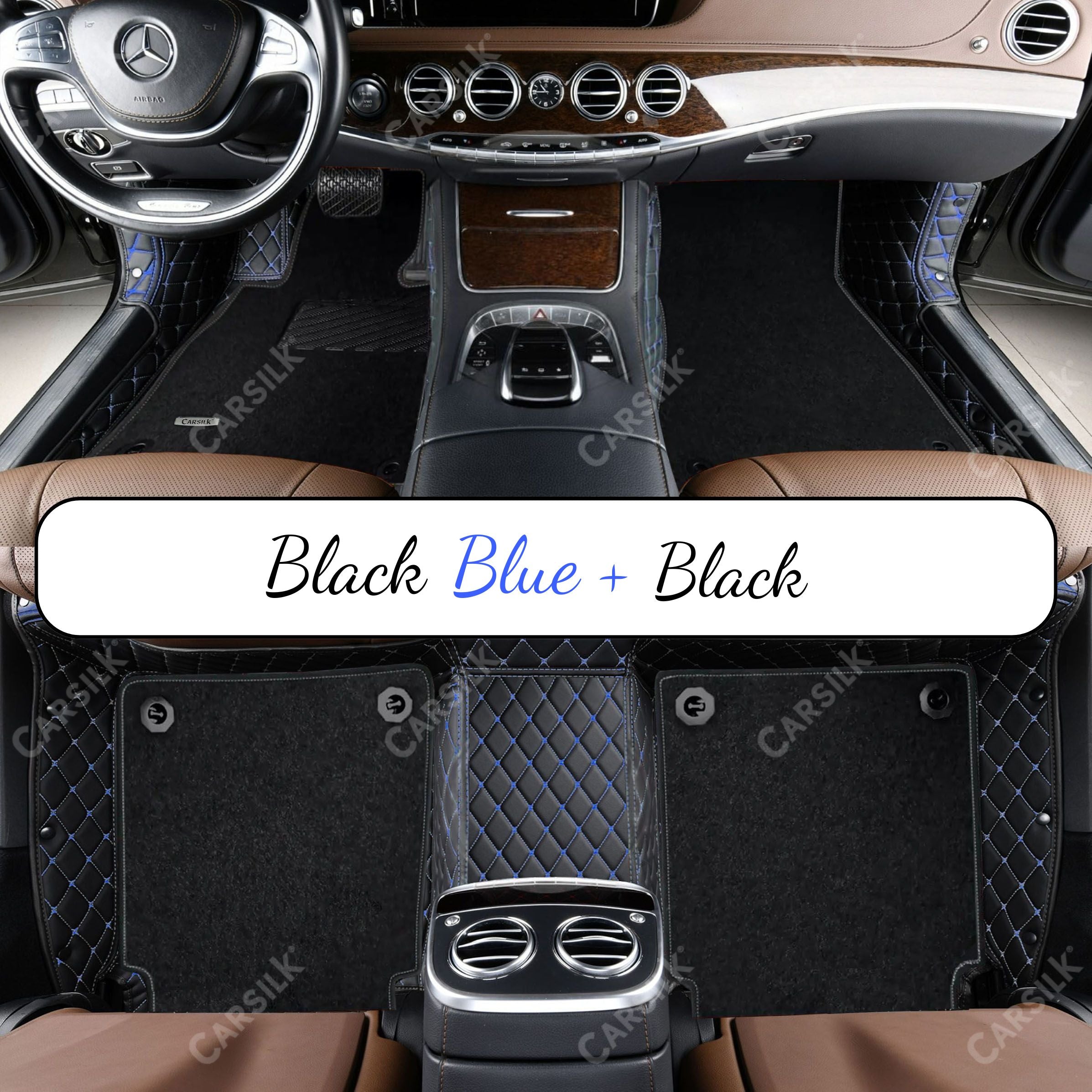 BLACK & BLUE STITCHING DIAMOND BASE WITH BLACK TOP CARPET DOUBLE LAYER CAR MAT SET