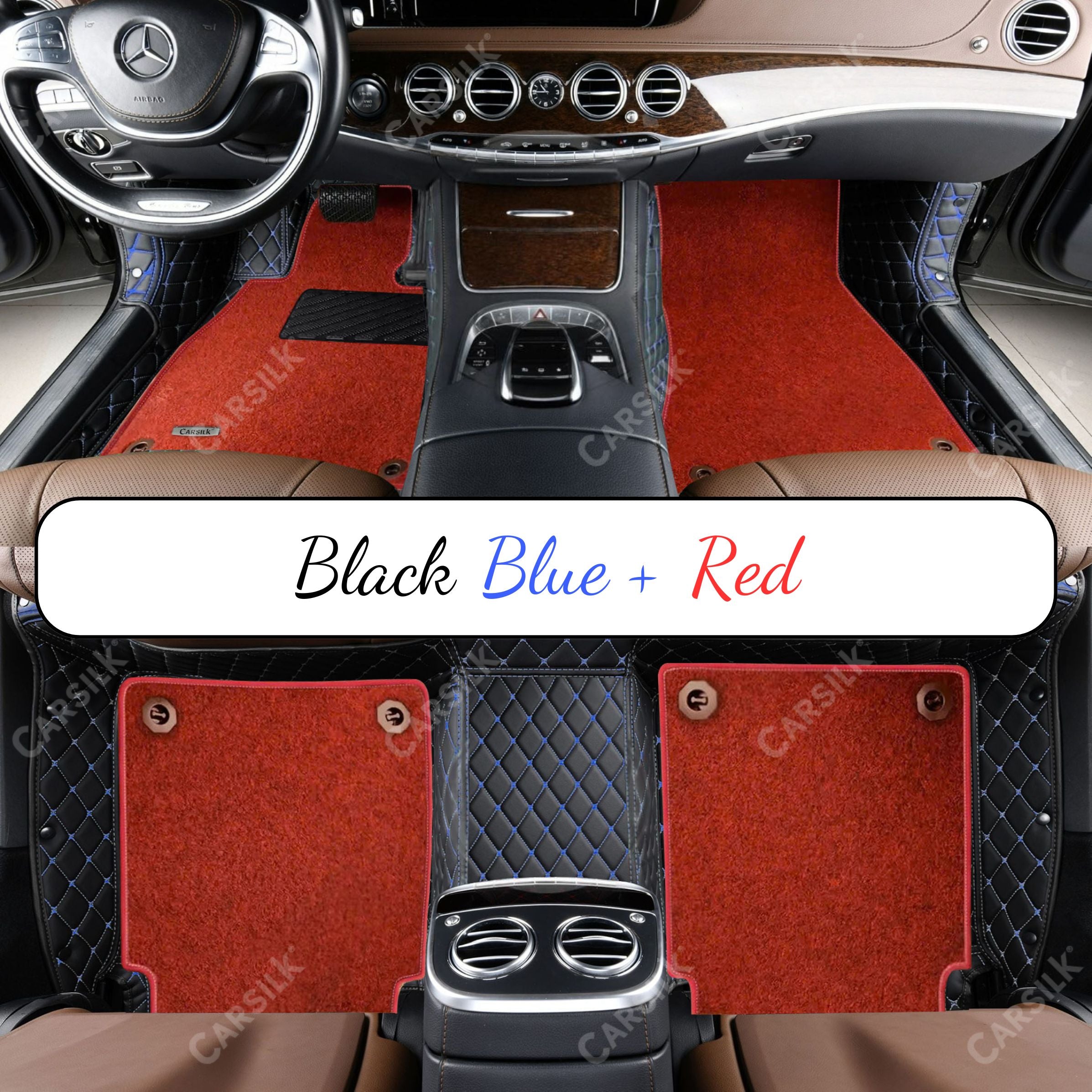 BLACK & BLUE STITCHING DIAMOND BASE WITH RED TOP CARPET DOUBLE LAYER CAR MAT SET