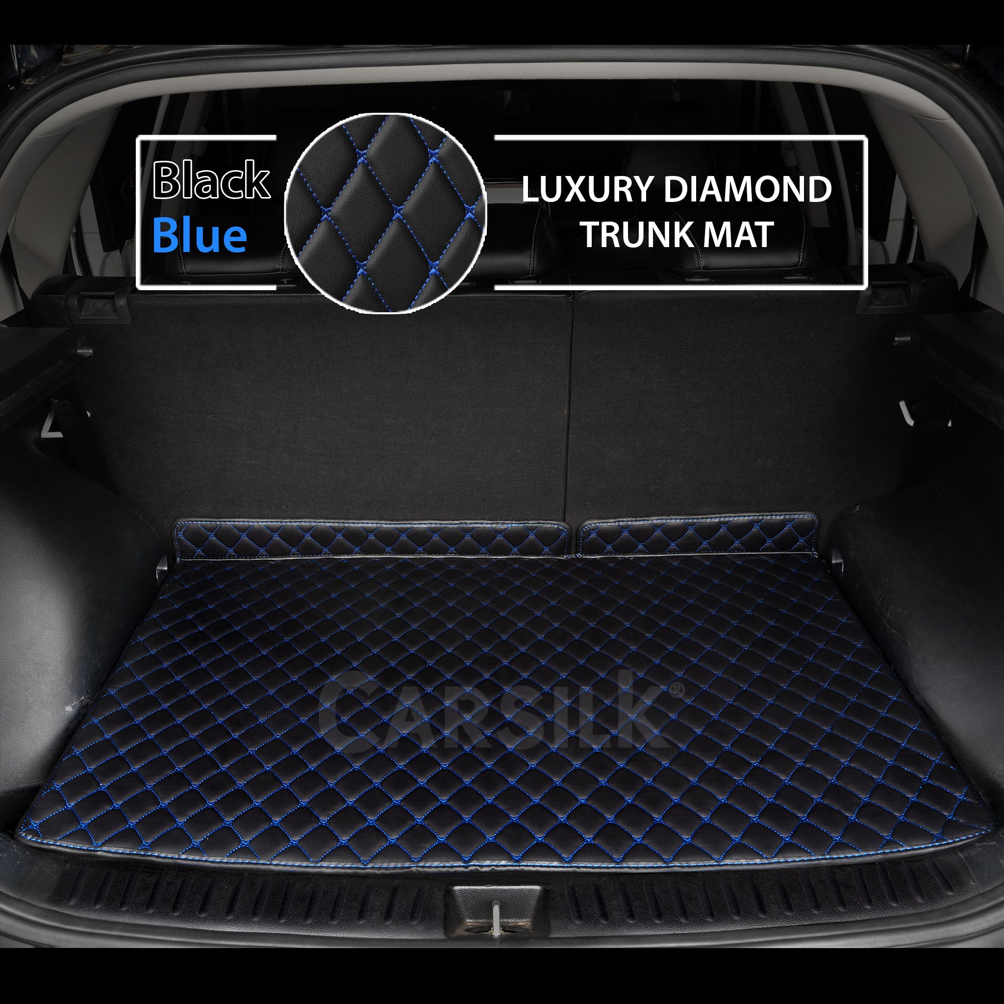 BLACK & BLUE STITCHING DIAMOND LUXURY BASE TRUNK CAR MATS