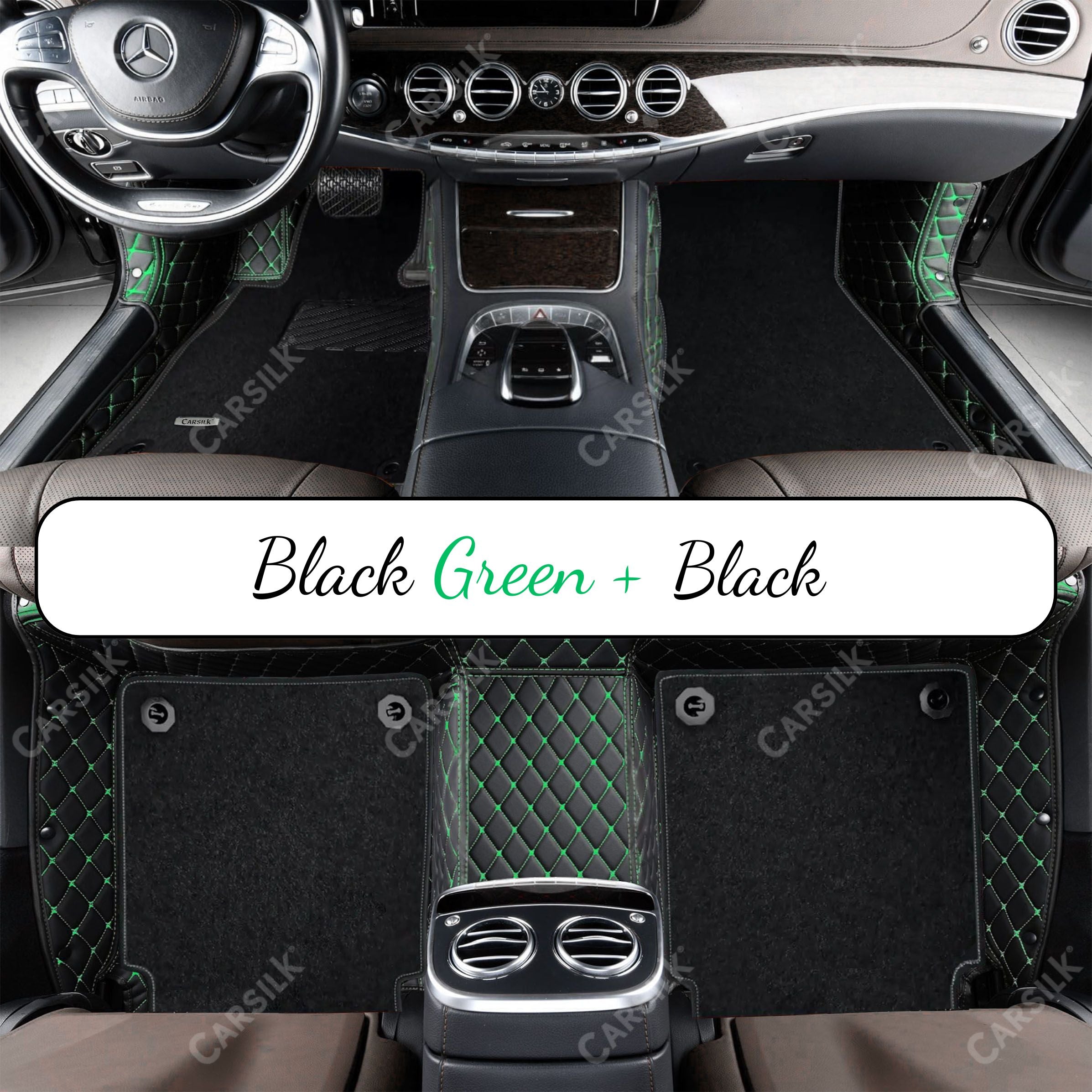 BLACK & GREEN STITCHING DIAMOND BASE WITH BLACK TOP CARPET DOUBLE LAYER CAR MAT SET