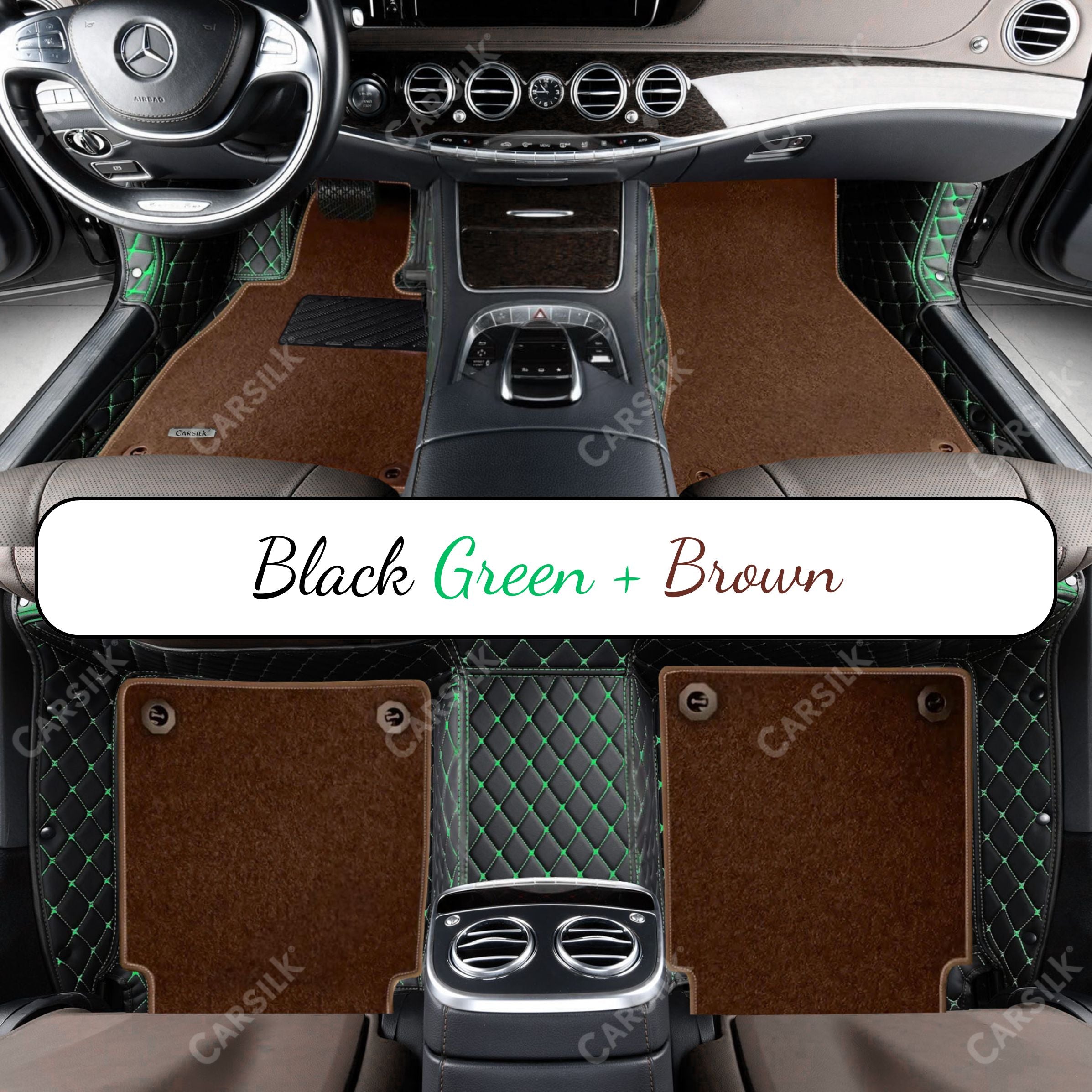 BLACK & GREEN STITCHING DIAMOND BASE WITH BROWN TOP CARPET DOUBLE LAYER CAR MAT SET