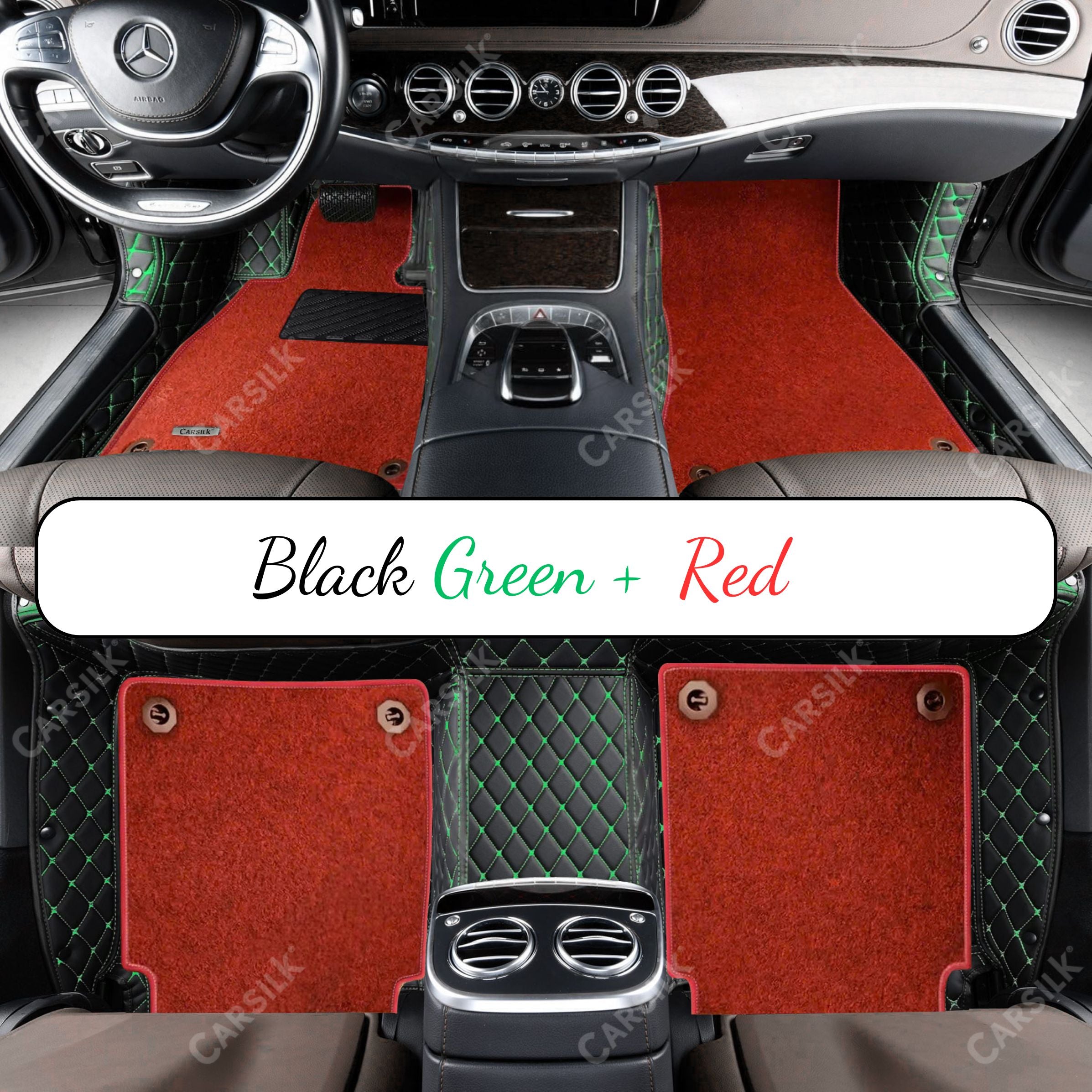 BLACK & GREEN STITCHING DIAMOND BASE WITH RED TOP CARPET DOUBLE LAYER CAR MAT SET