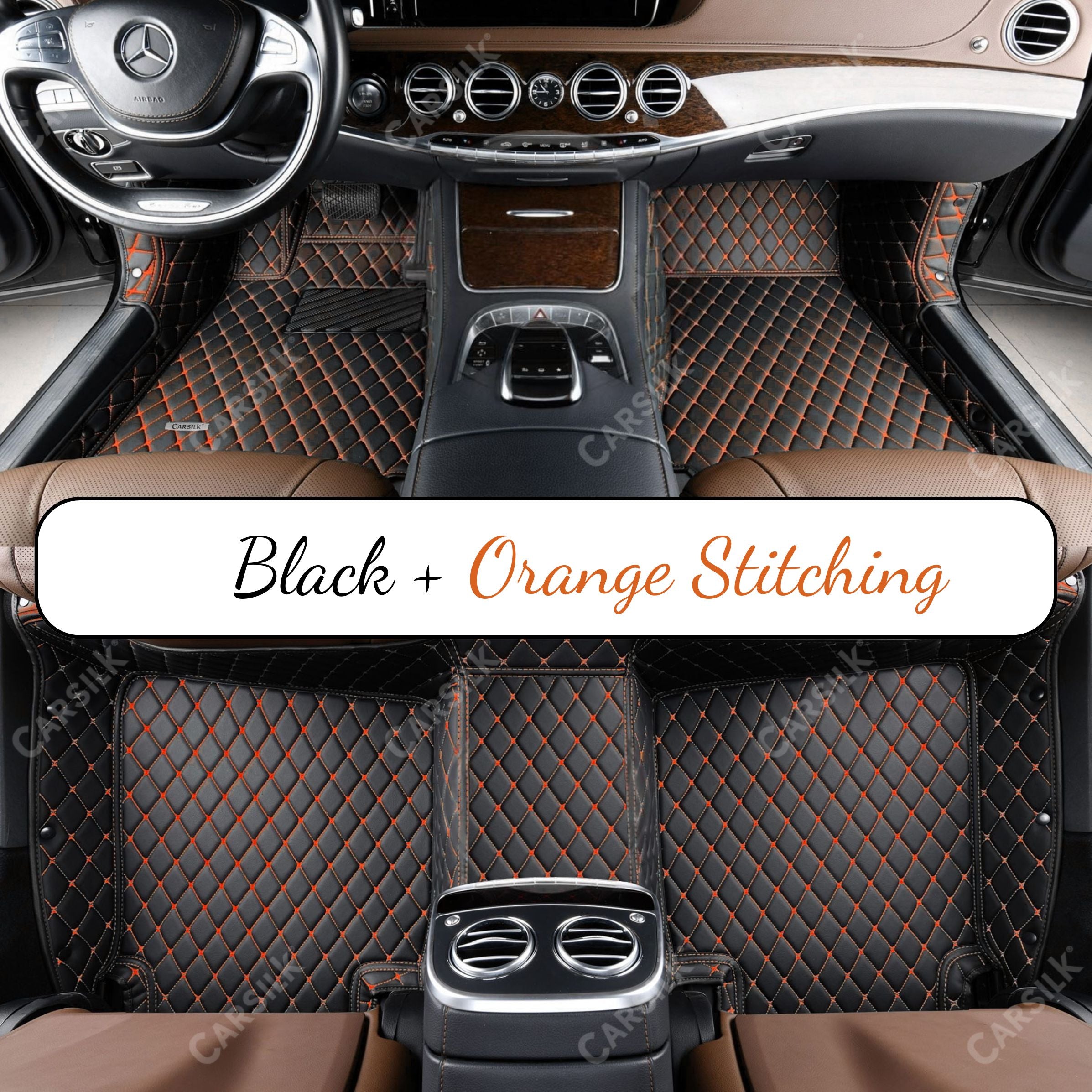 BLACK & ORANGE DIAMOND PATTERN CAR MATS SET