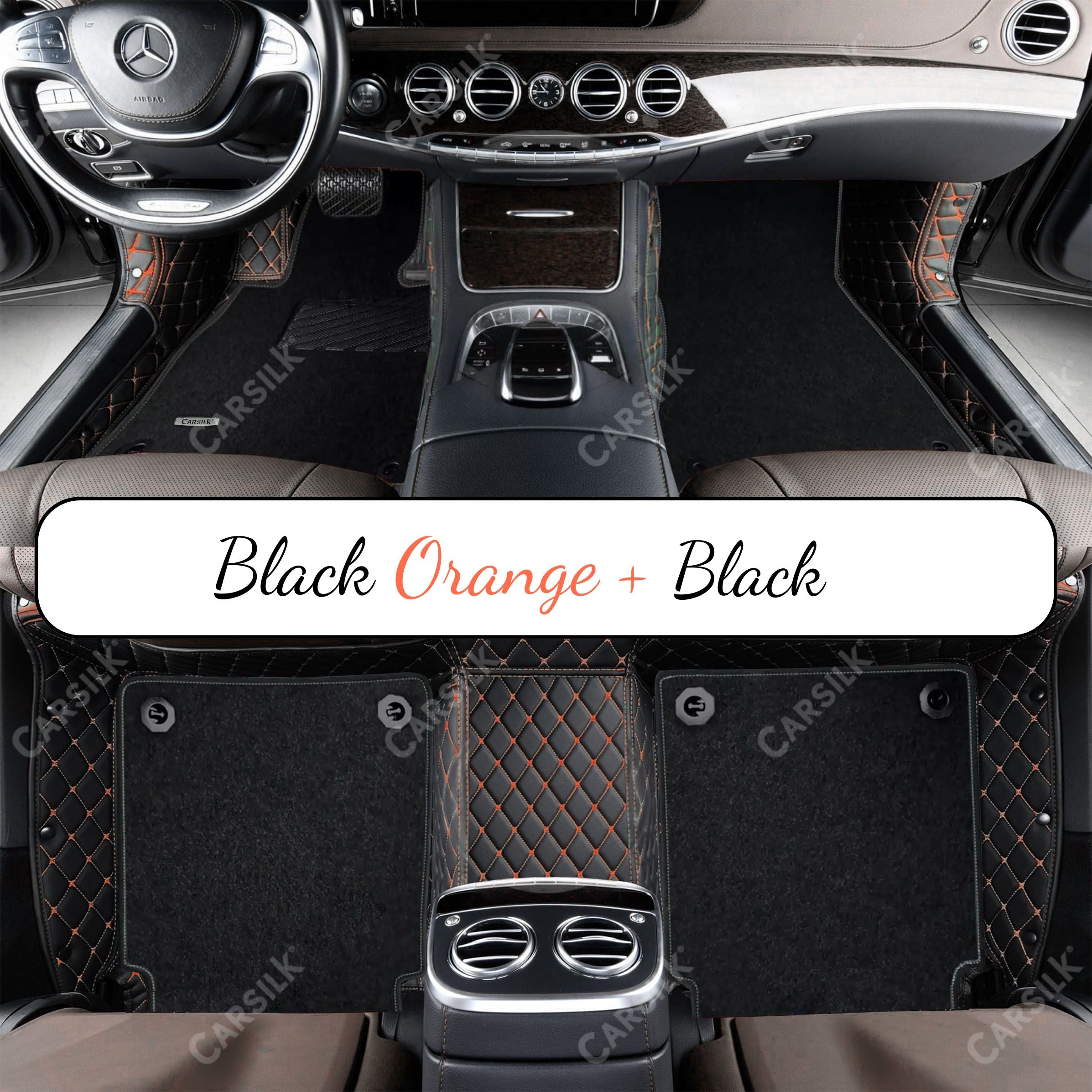 BLACK & ORANGE STITCHING DIAMOND BASE WITH BLACK TOP CARPET DOUBLE LAYER CAR MAT SET