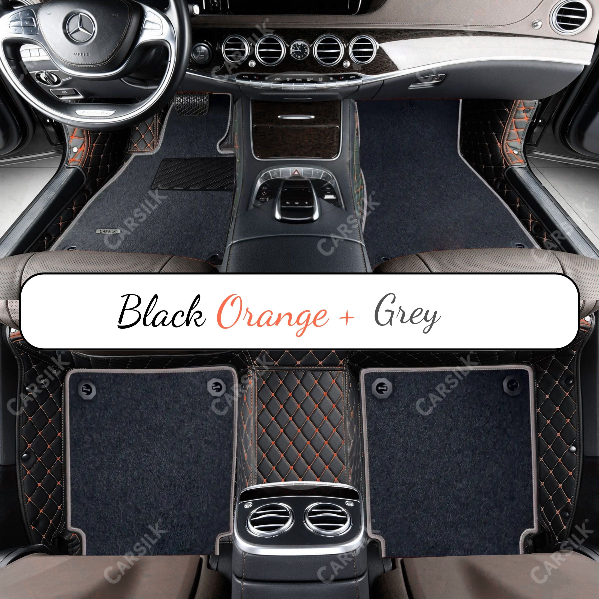 BLACK & ORANGE STITCHING DIAMOND BASE WITH GRAY TOP CARPET DOUBLE LAYER CAR MAT SET