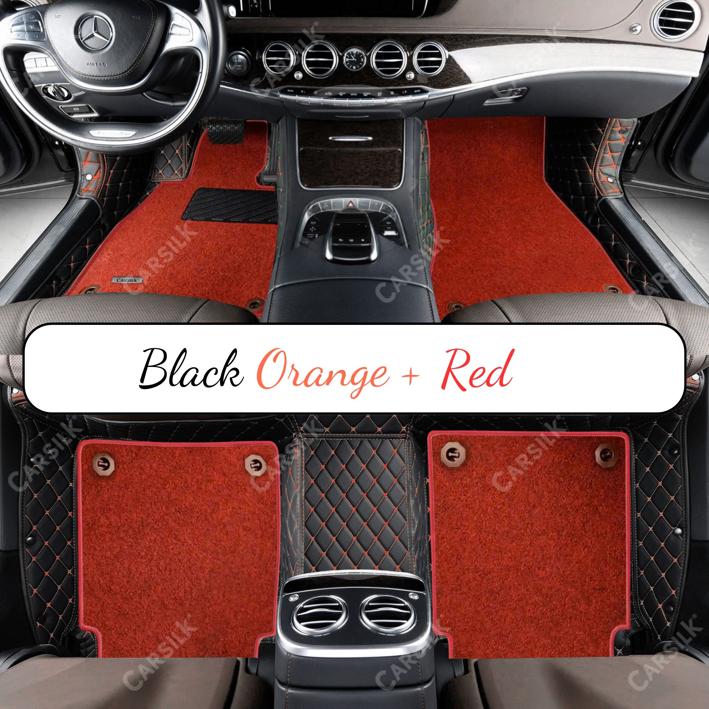 BLACK & ORANGE STITCHING DIAMOND BASE WITH RED TOP CARPET DOUBLE LAYER CAR MAT SET