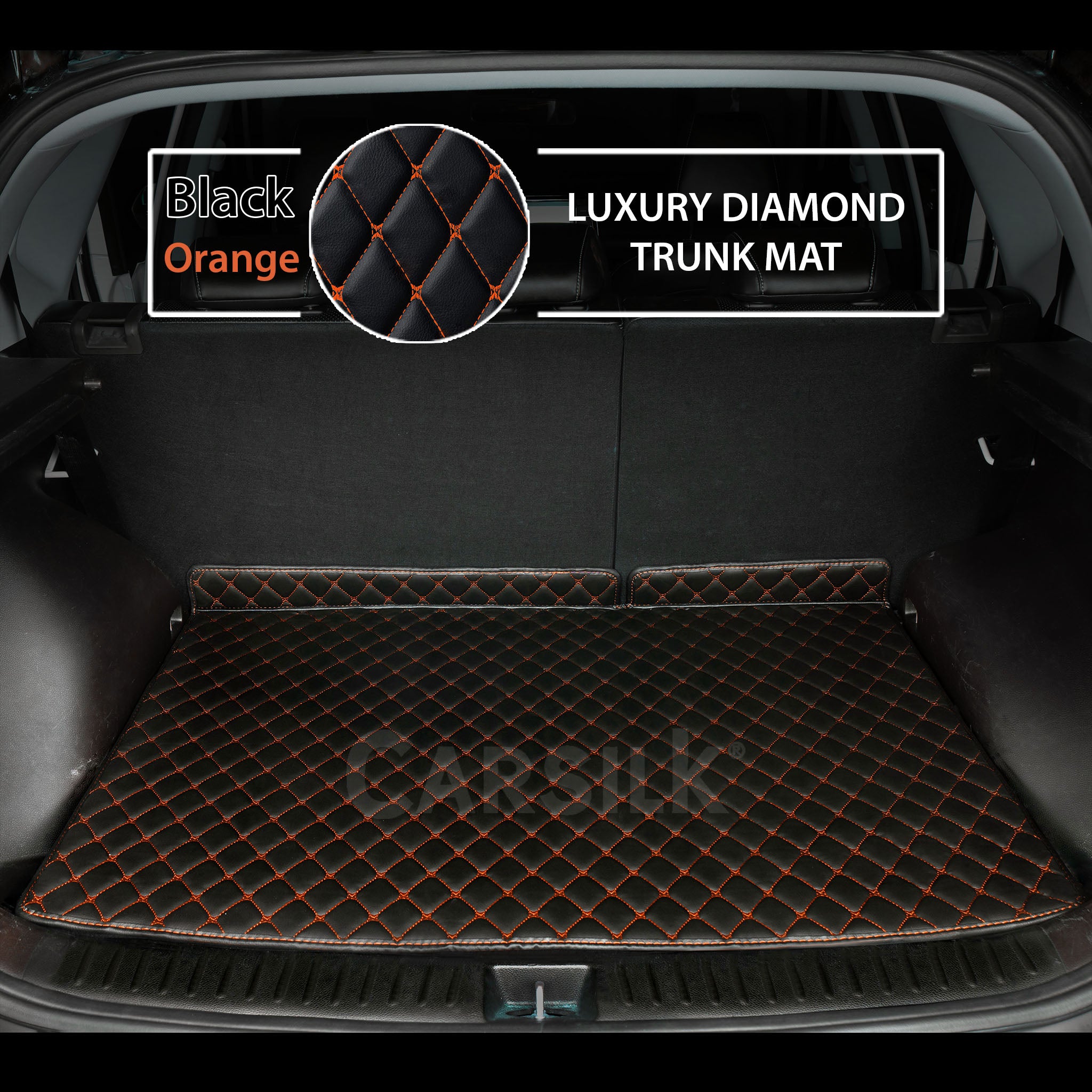 BLACK & ORANGE STITCHING DIAMOND LUXURY BASE TRUNK CAR MATS