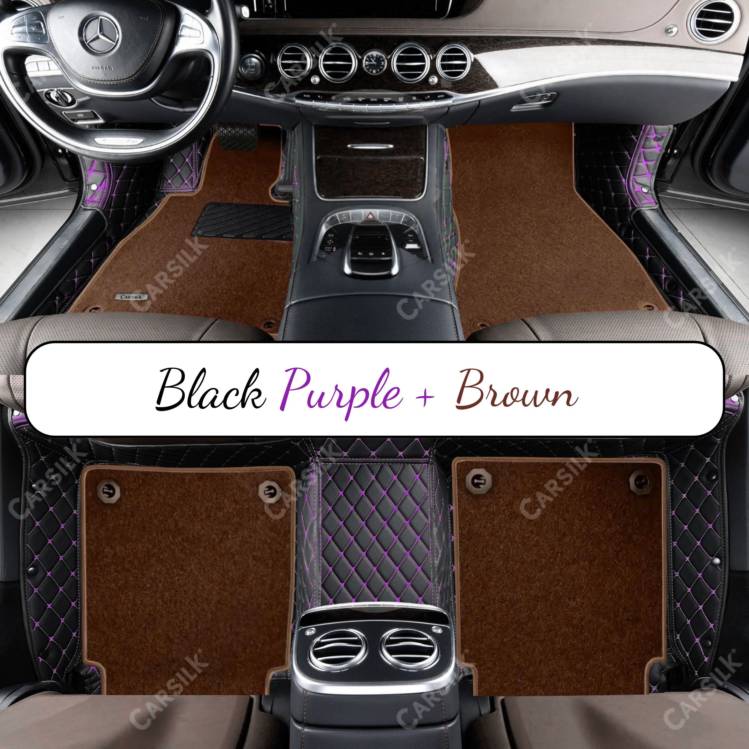 BLACK & PURPLE STITCHING DIAMOND BASE WITH BROWN TOP CARPET DOUBLE LAYER CAR MAT SET