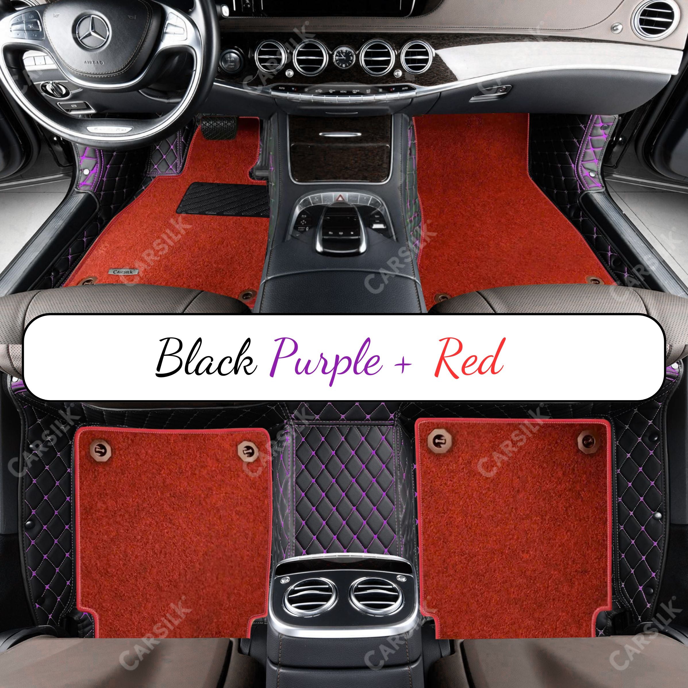BLACK & PURPLE STITCHING DIAMOND BASE WITH RED TOP CARPET DOUBLE LAYER CAR MAT SET