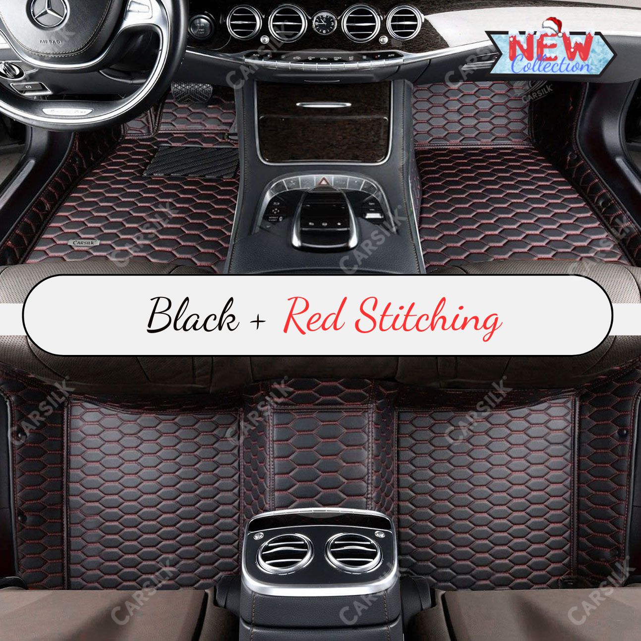 BLACK & RED STITCHING HONEY COMB LUXURY CAR MATS SET