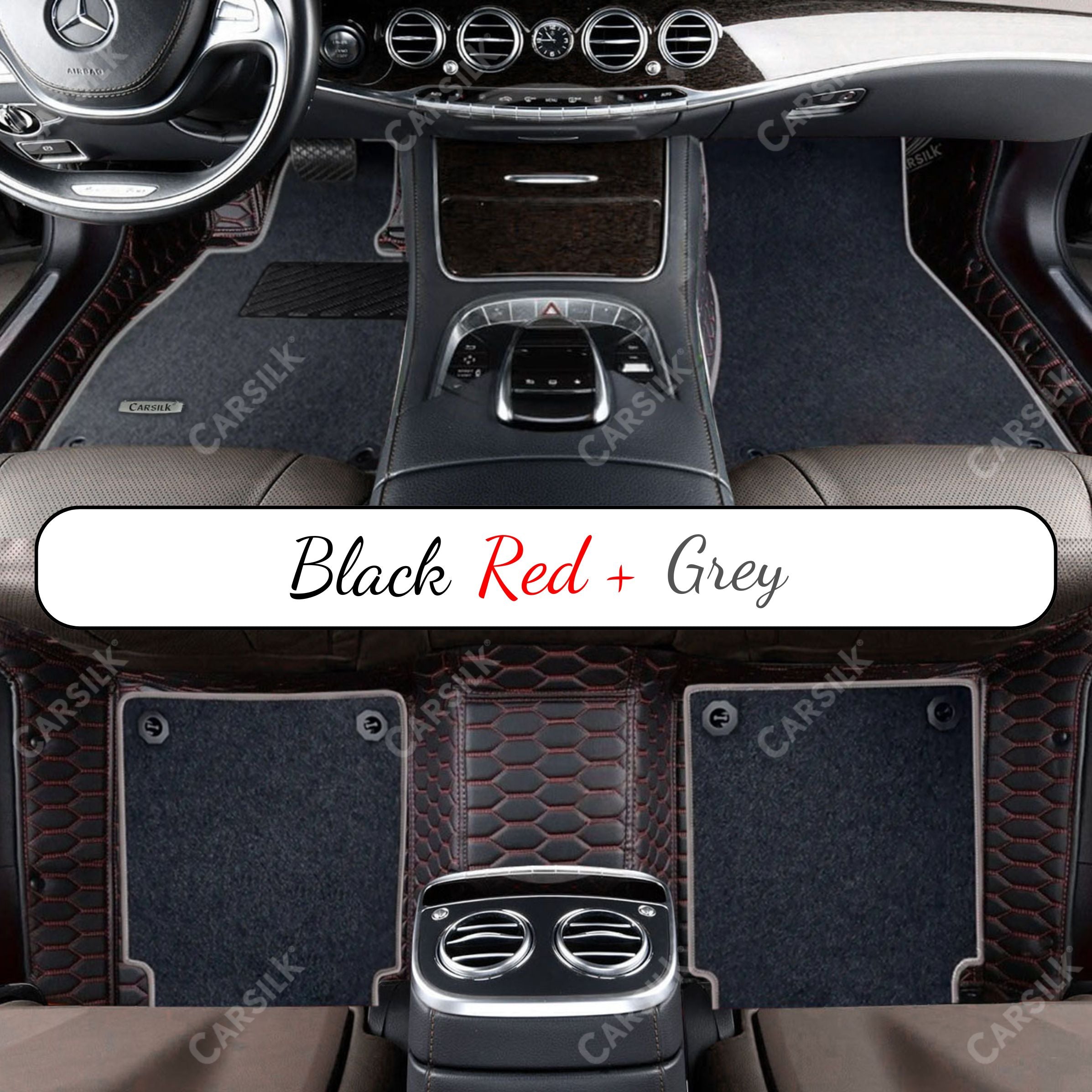 BLACK & RED STITCHING HONEYCOMB BASE WITH GRAY TOP CARPET DOUBLE LAYER CAR MAT SET