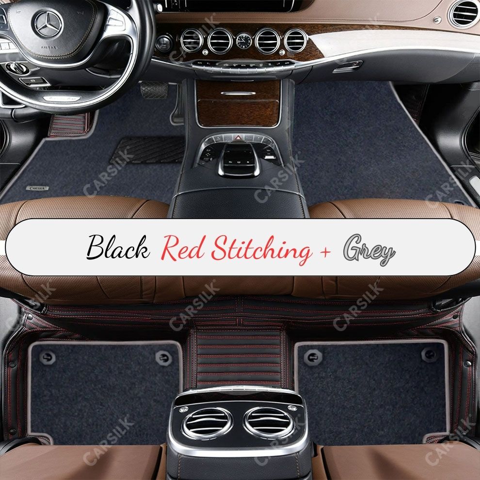 BLACK & RED STITCHING STRIPE BASE WITH GRAY TOP CARPET DOUBLE LAYER CAR MAT SET