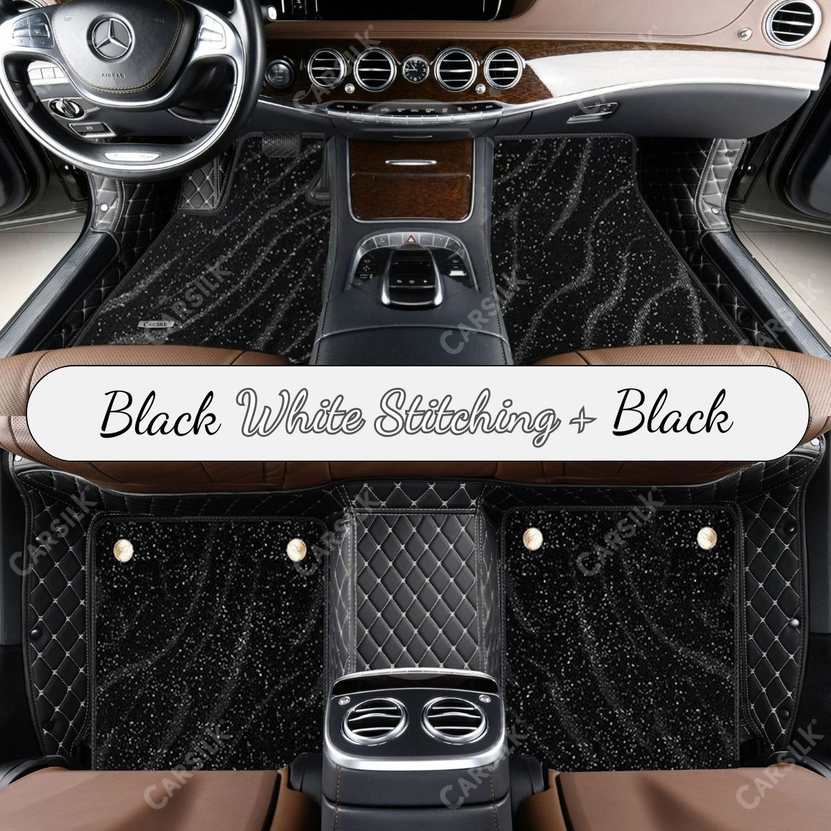 BLACK & WHITE STITCHING DIAMOND BASE WITH BLACK TOP CARPET DOUBLE LAYER GALAXY CAR MAT SET