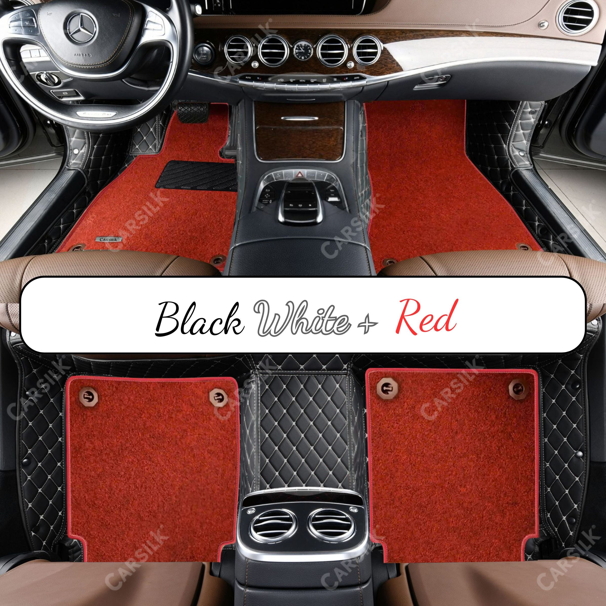 BLACK & WHITE STITCHING DIAMOND BASE WITH RED TOP CARPET DOUBLE LAYER CAR MAT SET