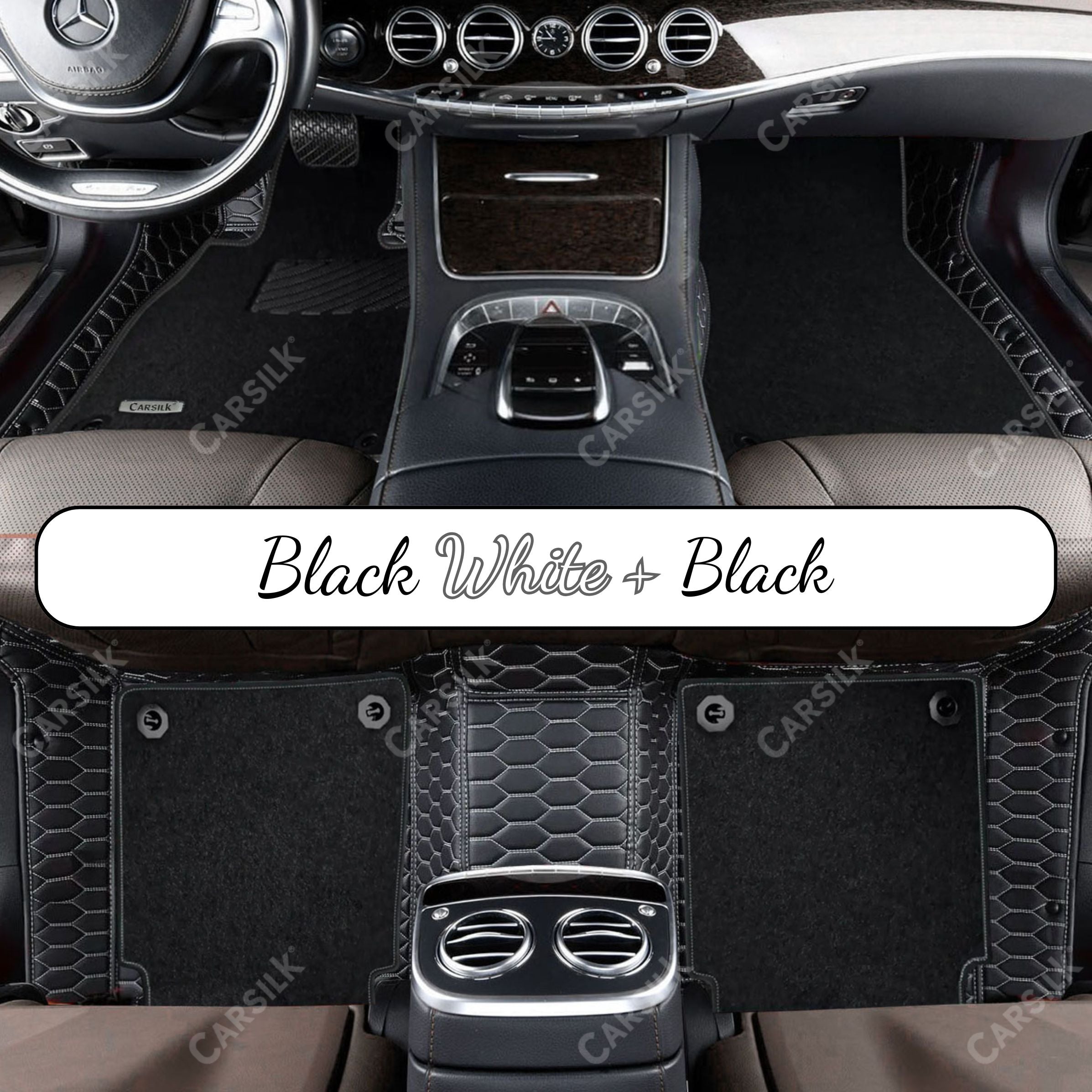 BLACK & WHITE STITCHING HONEYCOMB BASE WITH BLACK TOP CARPET DOUBLE LAYER CAR MAT SET