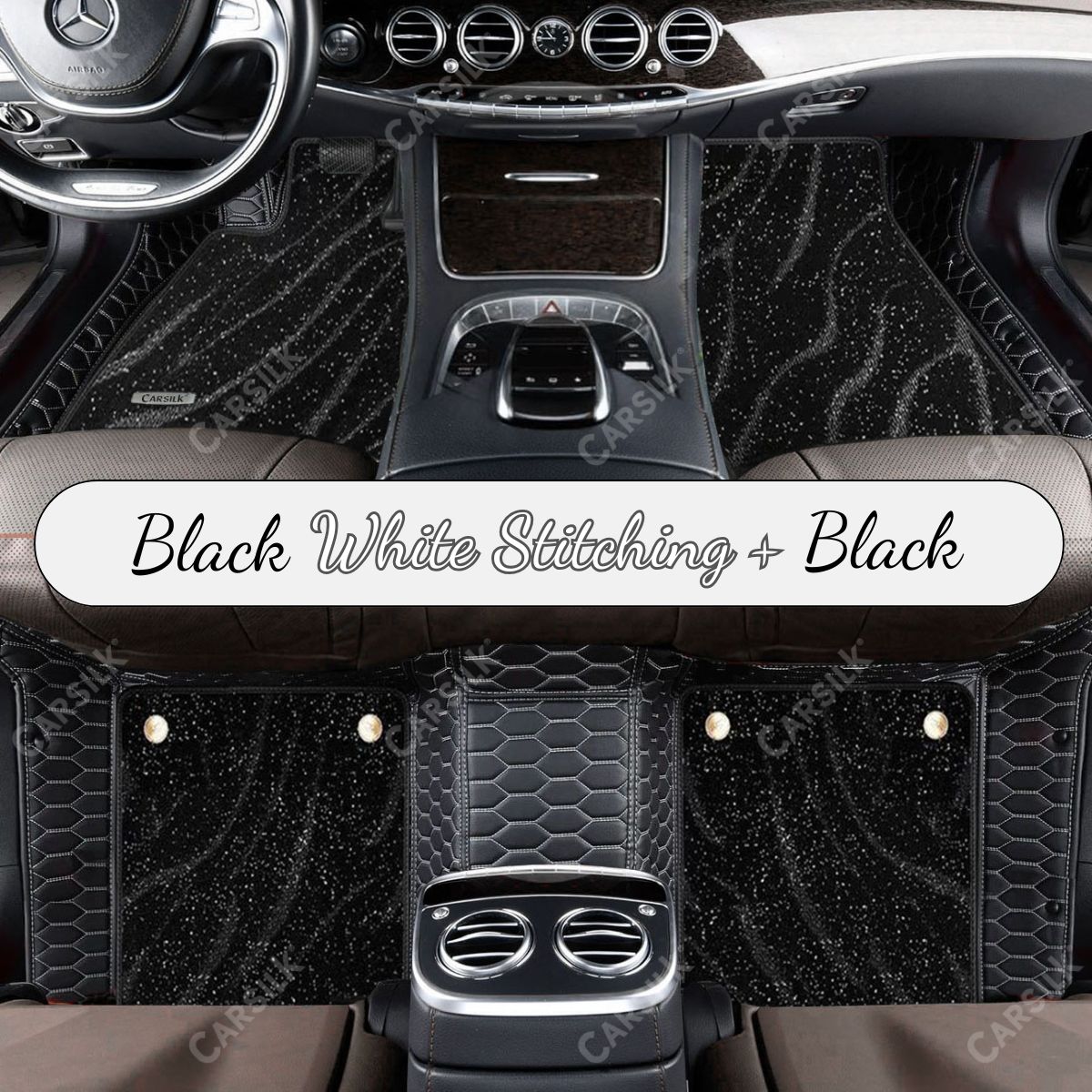 BLACK & WHITE STITCHING HONEYCOMB BASE WITH BLACK TOP CARPET DOUBLE LAYER GALAXY CAR MAT SET