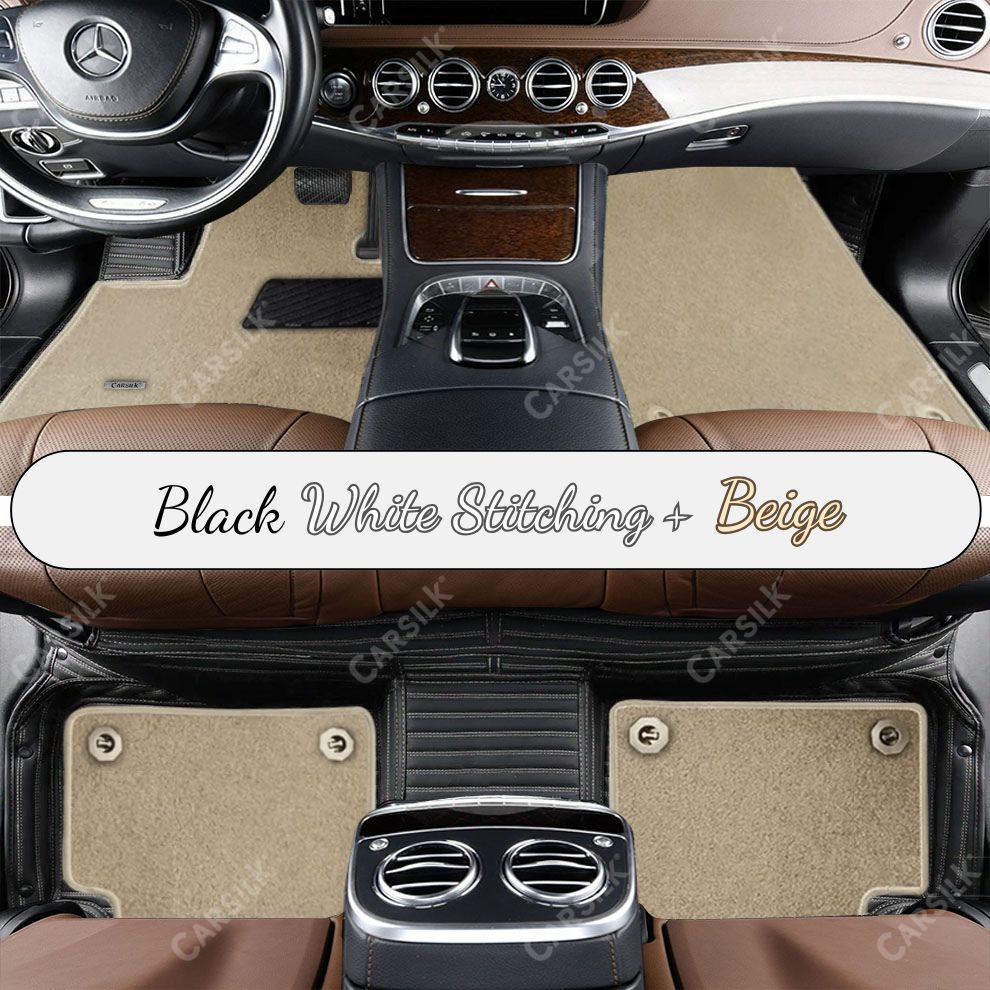 BLACK & WHITE STITCHING STRIPE BASE WITH BEIGE TOP CARPET DOUBLE LAYER CAR MAT SET