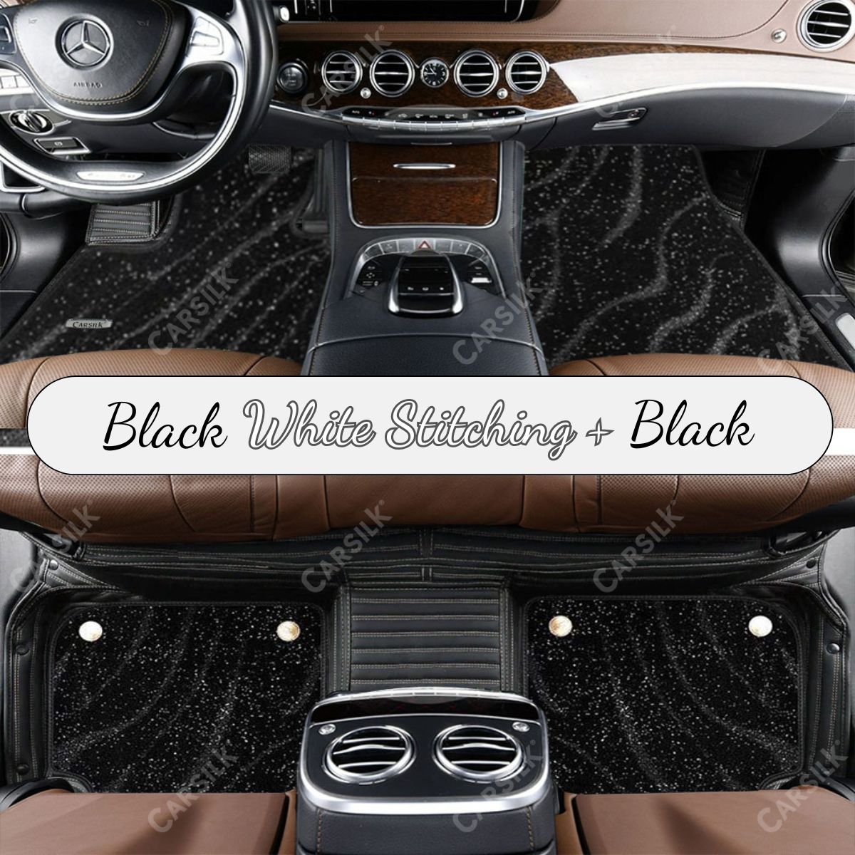 BLACK & WHITE STITCHING STRIPE BASE WITH BLACK TOP CARPET DOUBLE LAYER GALAXY CAR MAT SET