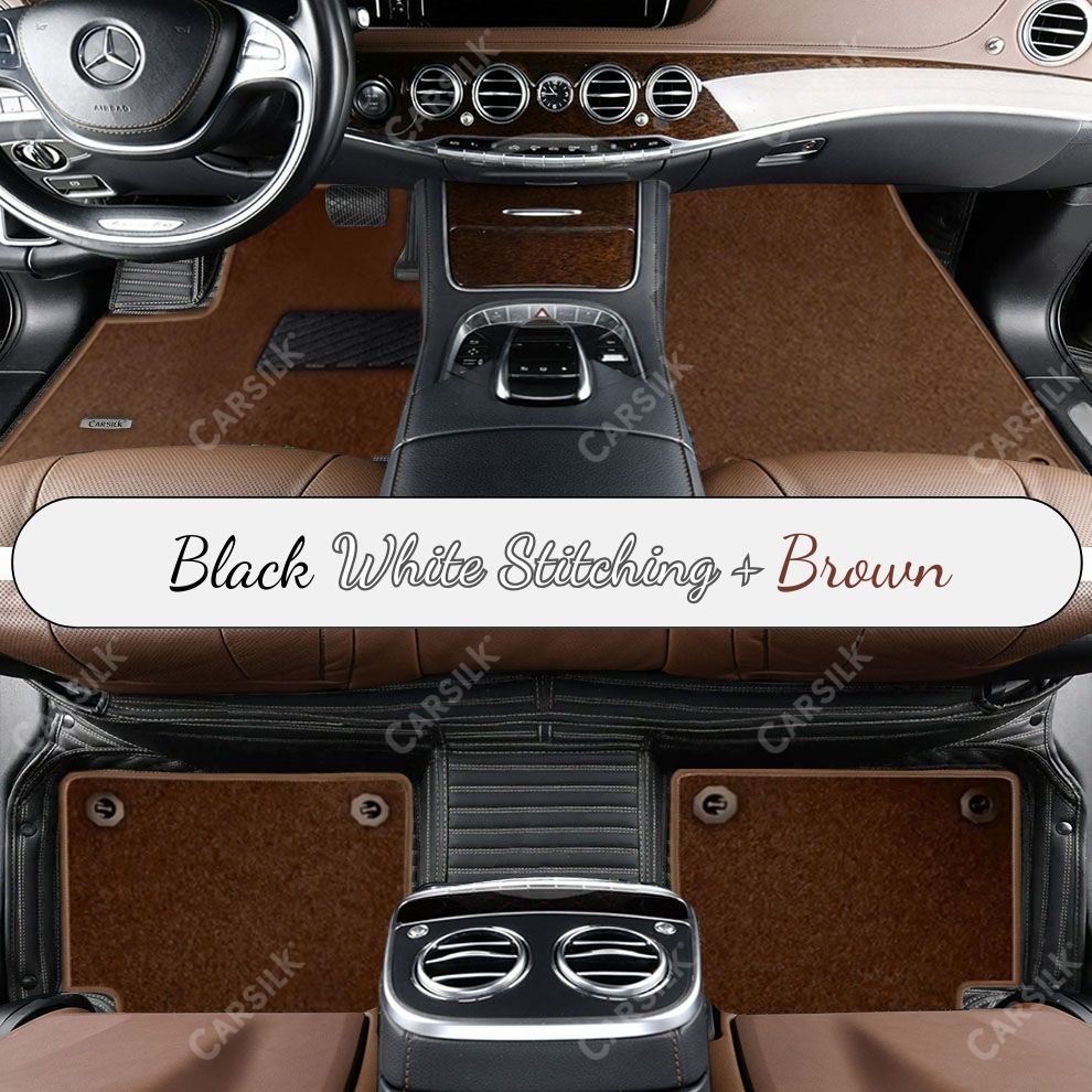 BLACK & WHITE STITCHING STRIPE BASE WITH BROWN TOP CARPET DOUBLE LAYER CAR MAT SET
