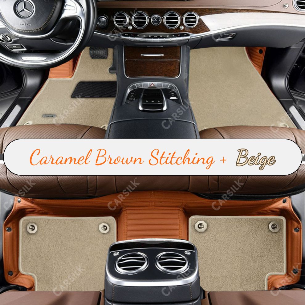 CARAMEL BROWN STRIPE BASE WITH BEIGE TOP CARPET DOUBLE LAYER CAR MAT SET